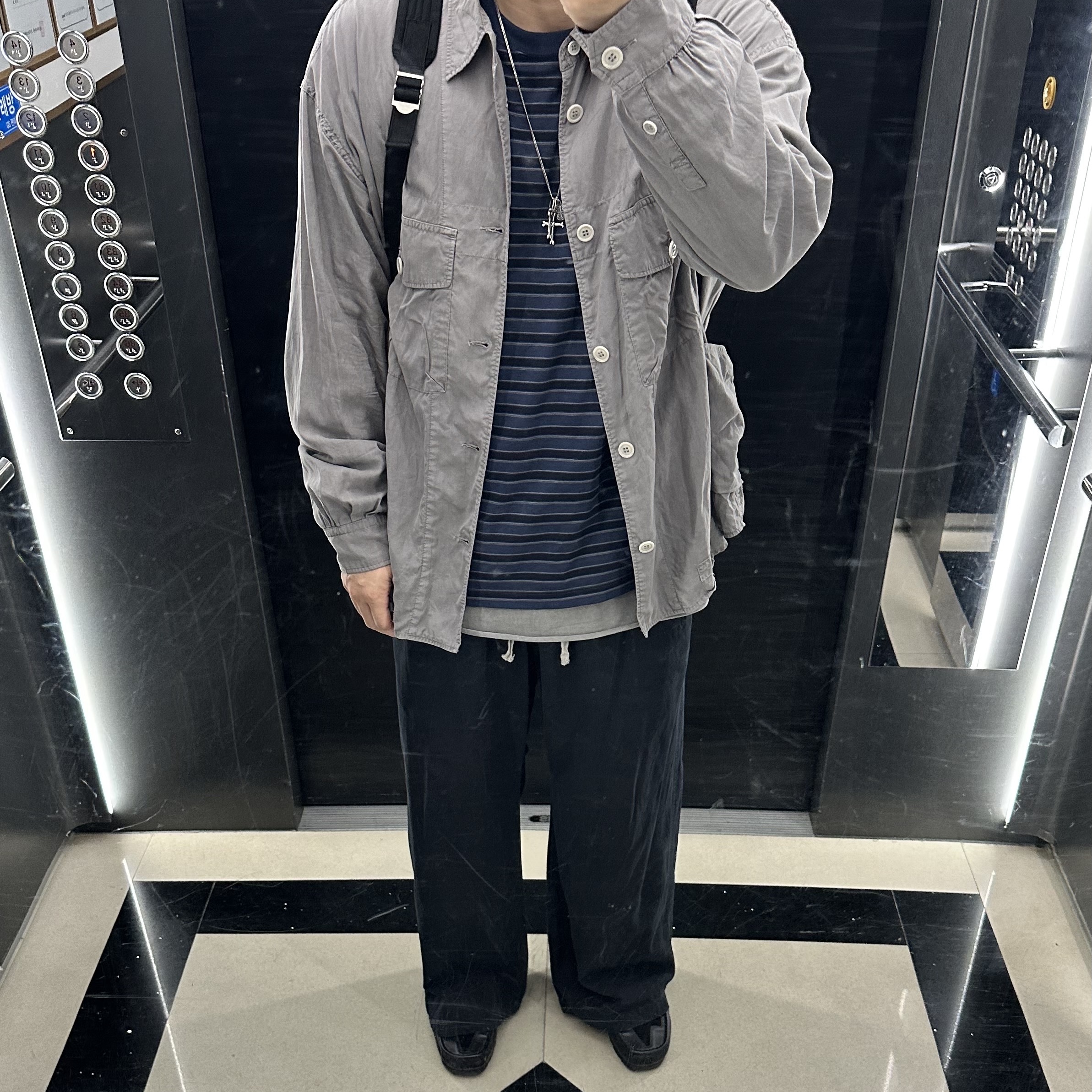 Polyteru Striped Long Sleeve Blue, Polyteru Human Index Human Pajama Pants Ink Black 착용 스타일