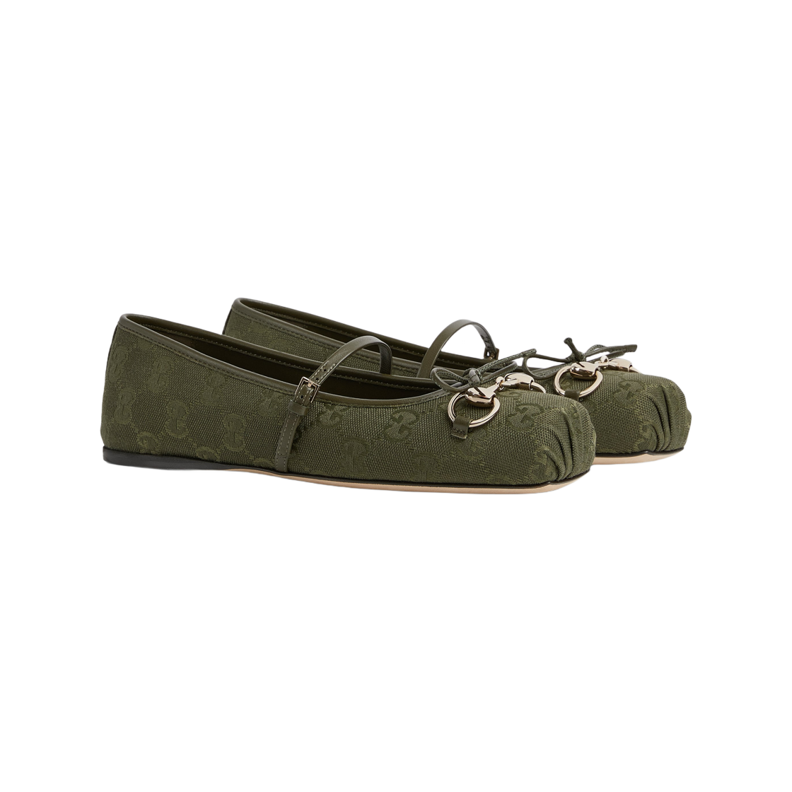 (W) 구찌 홀스빗 발레 플랫 다크 그린 GG 캔버스((W) Gucci Horsebit Ballet Flat Dark Green GG Canvas) - 2