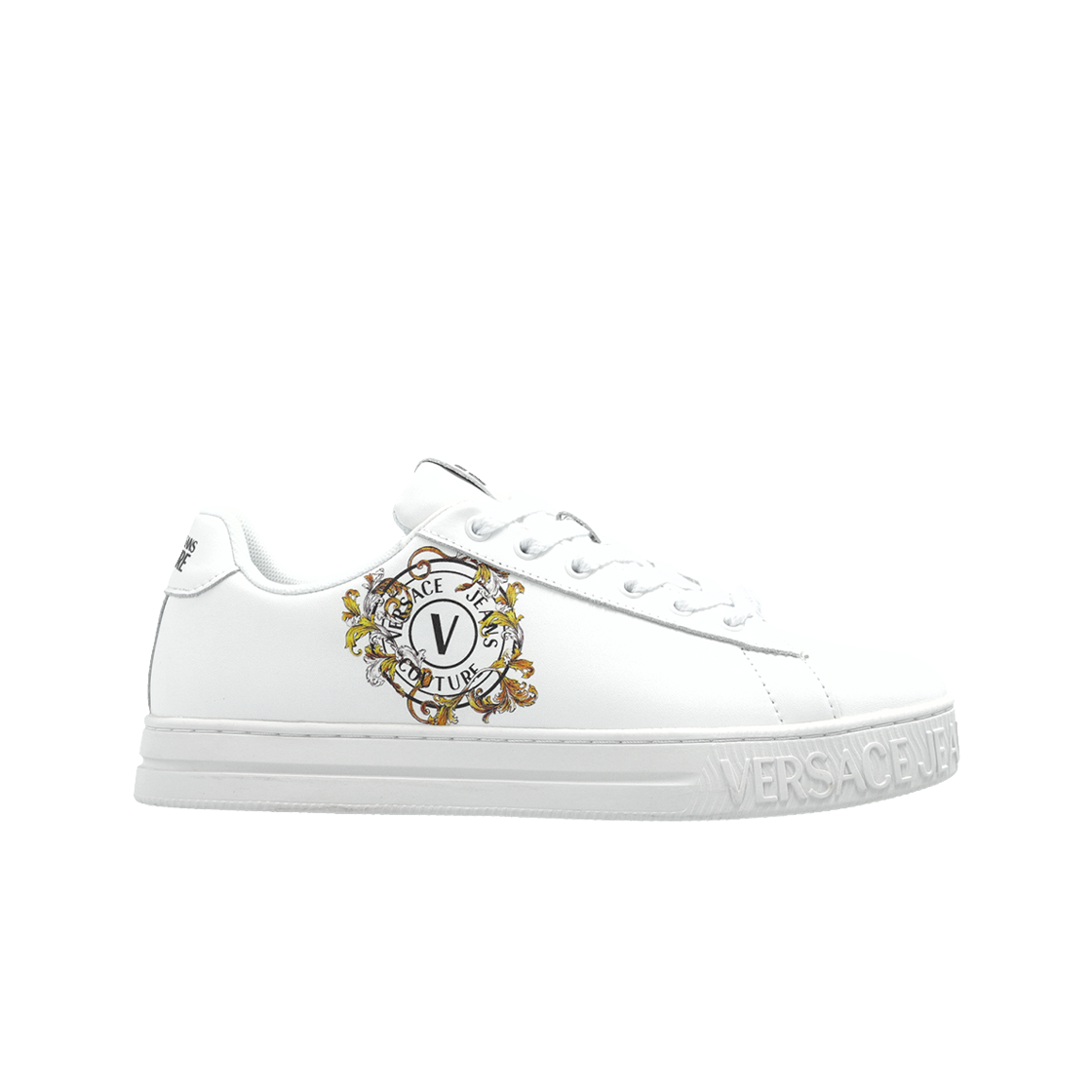 (W) 베르사체 진 꾸뛰르 프린트 로고 스니커즈 화이트((W) Versace Jeans Couture Sneakers with Printed Logo White)