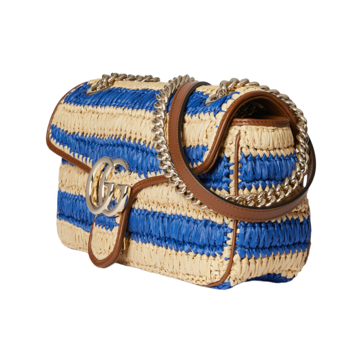 Gucci GG Marmont Woven Medium Shoulder Bag Blue Natural Raffia Effect