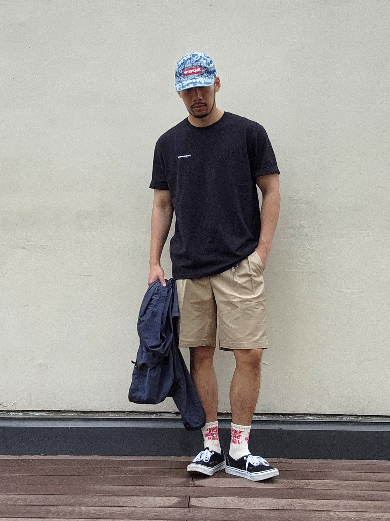 Supreme Fat Tip Jacquard Denim Camp Cap Blue - 22SS, Vans Authentic Black White 착용 스타일 - 2