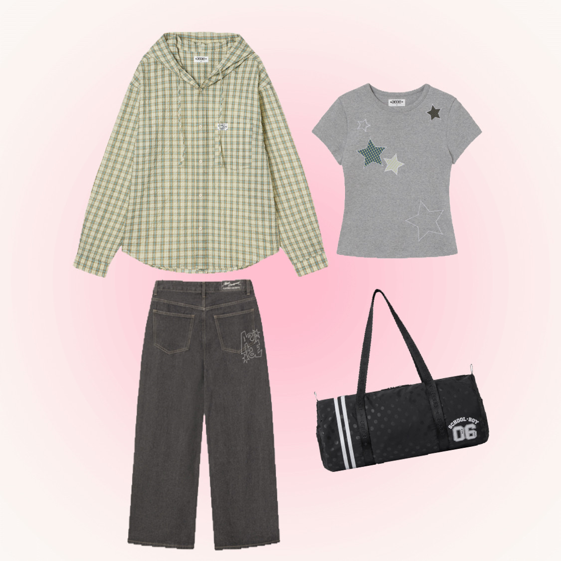 AEAE Check Hood Shirts Lime, AEAE Check Star Tee Melange Grey 착용 스타일