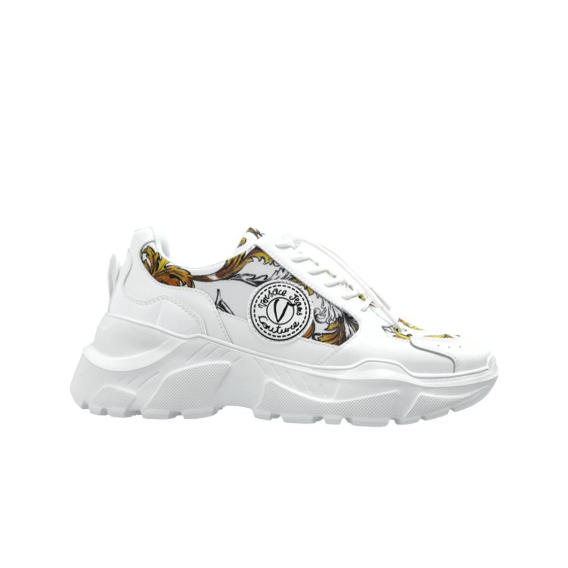 (W) 베르사체 진 꾸뛰르 바로코 프린트 스니커즈 화이트 골드((W) Versace Jeans Couture Barocco Print Sneakers White Gold)