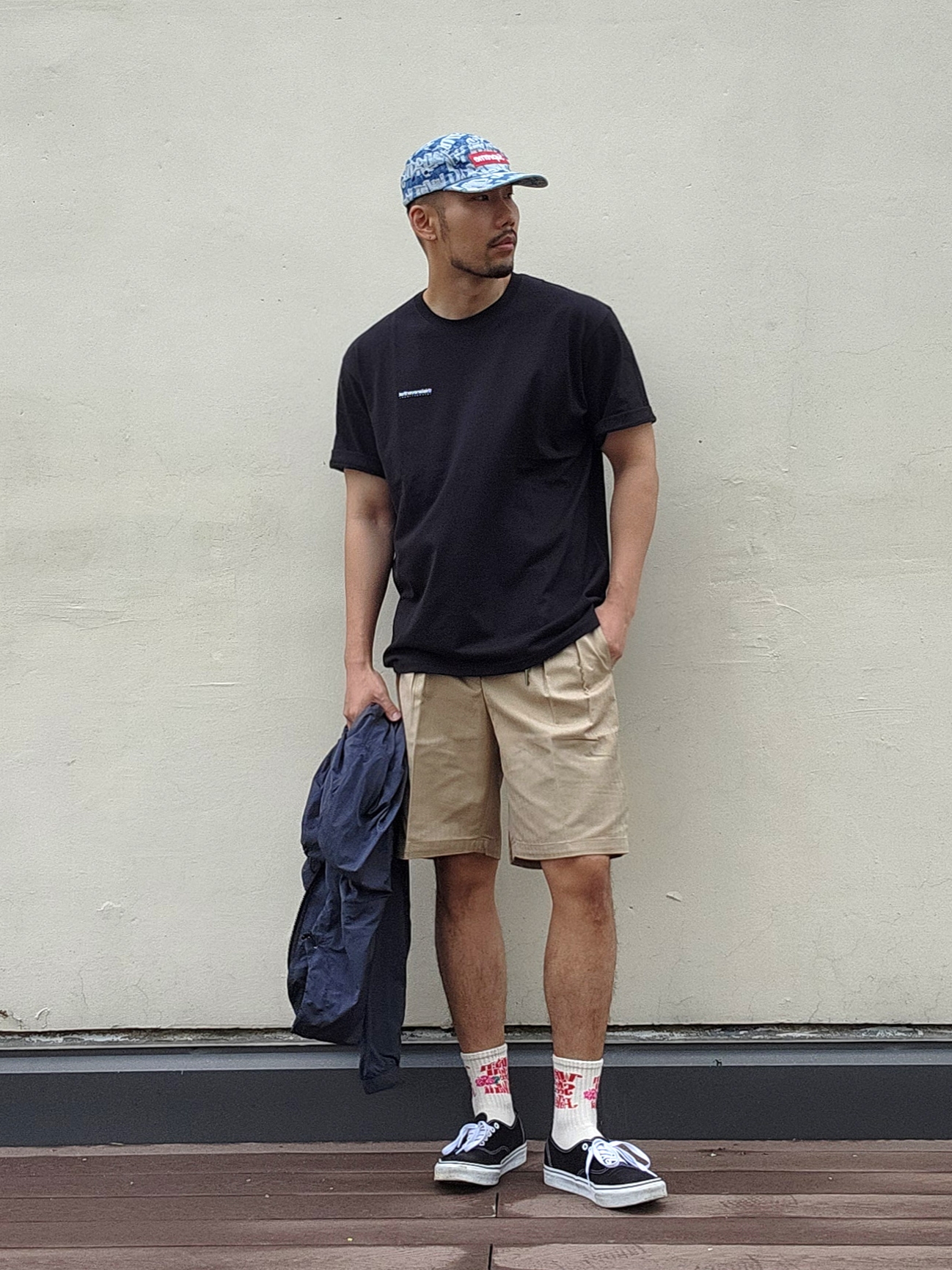 Supreme Fat Tip Jacquard Denim Camp Cap Blue - 22SS, Vans Authentic Black White 착용 스타일 - 1