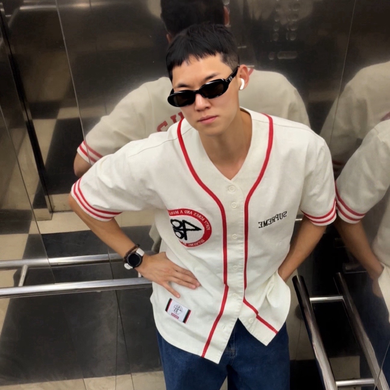 Supreme x 40 Acres Twill Baseball Jersey Natural - 25SS 착용 스타일 - 1