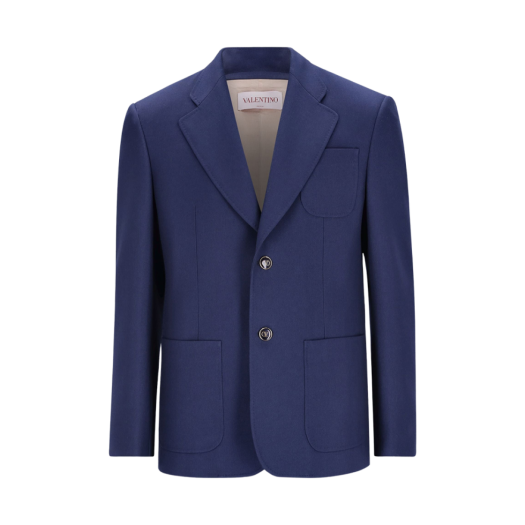 Valentino Single Breasted Wool Gabardine Jacket Indigo
