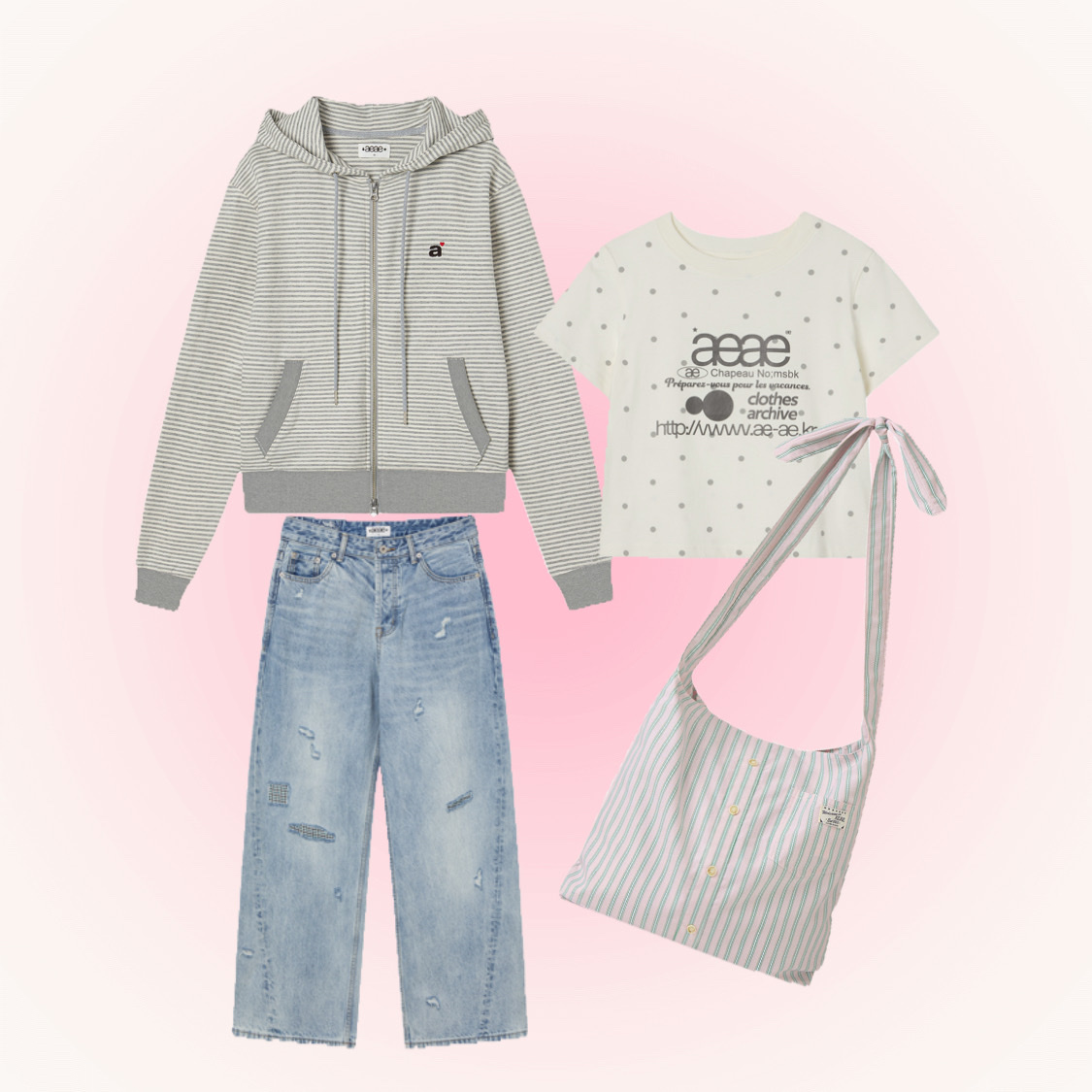 AEAE Stripe Small Letter Hood Zip Up Melange Grey, AEAE Shirts Bag Pink 착용 스타일