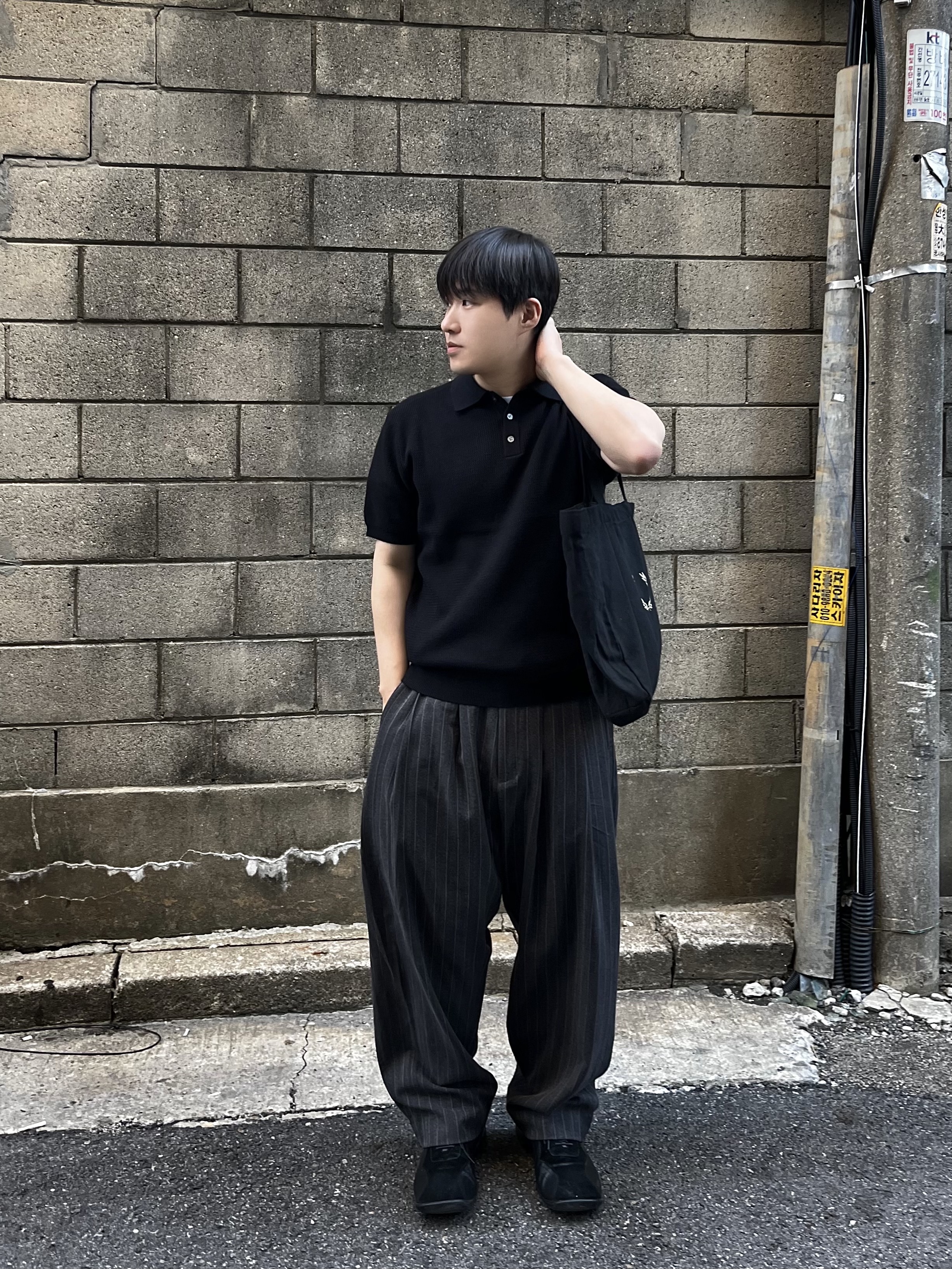 noun Wide Tapered Pants Stripe Charcoal, Pemont Square Black 착용 스타일 - 3