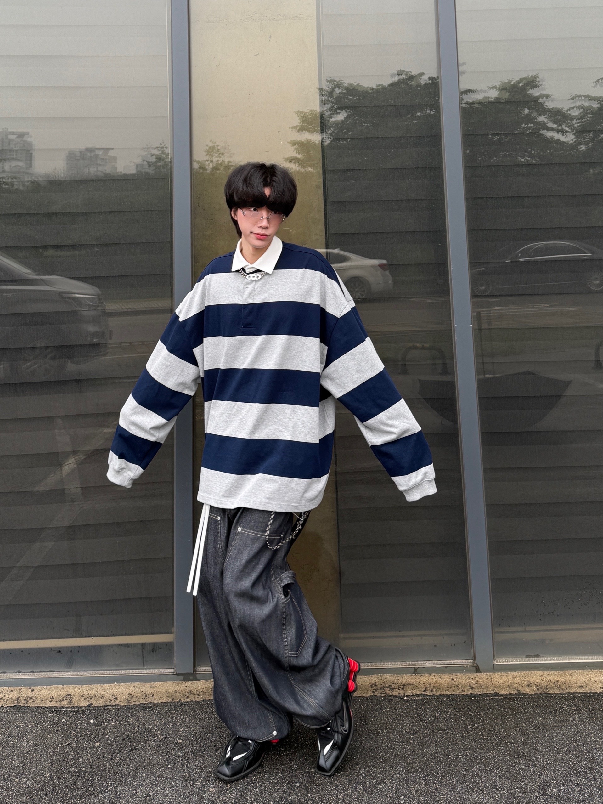 MJD Oversized Stripe Rugby Shirt M.Grey, GRAILZ x KOIN SEOUL Carpenter Raw Denim Pants Indigo 착용 스타일 - 5