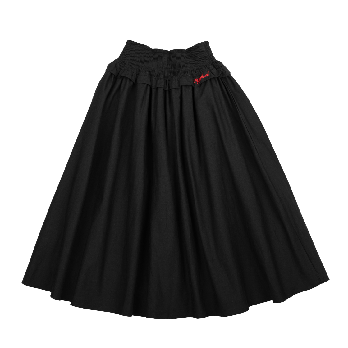 러프넥 셔링 웨이스트 밴드 미디 스커트 블랙(Roughneck Shirred Waist Band Midi Skirt Black)