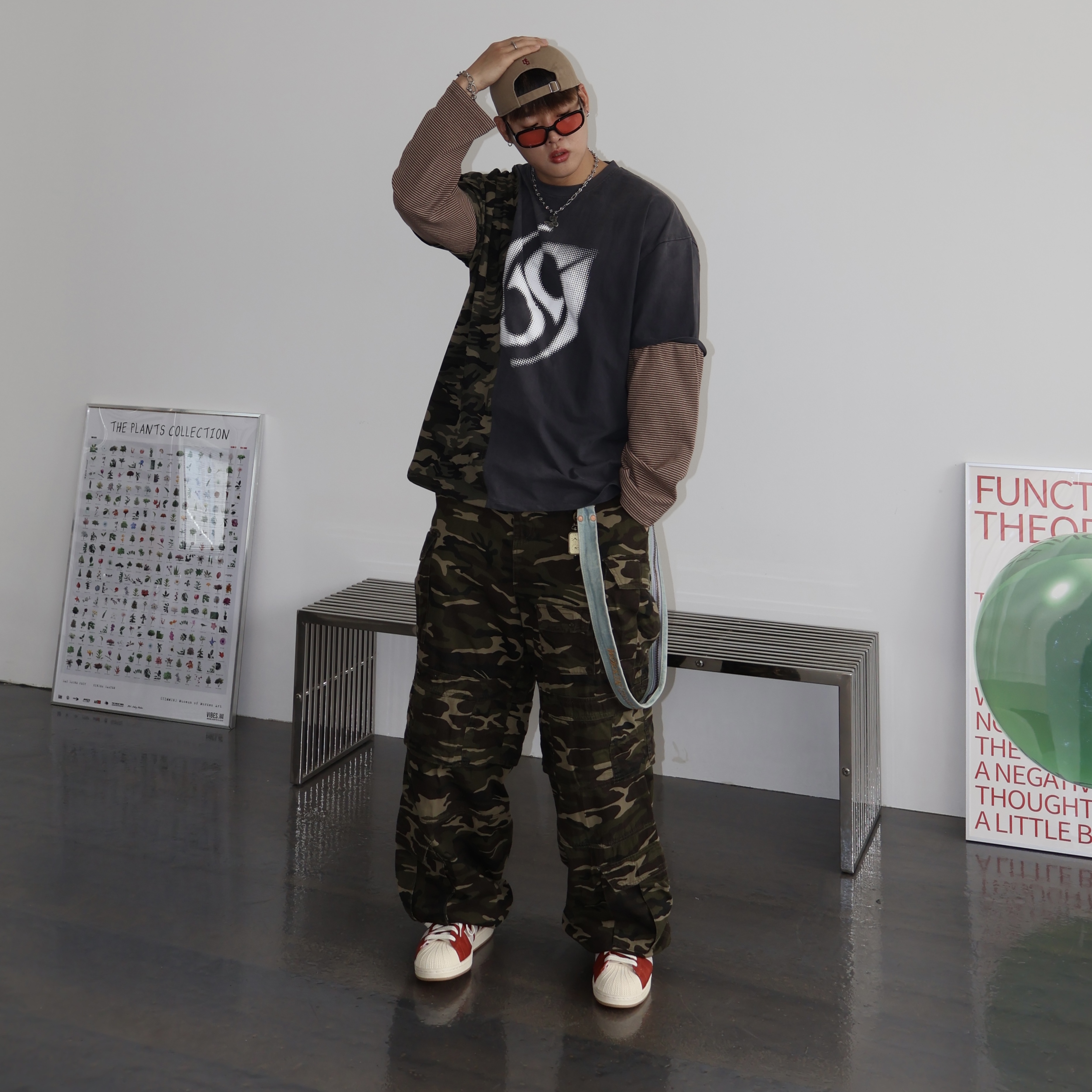 Dominant Halftone Layered Long Sleeve Charcoal, Dominant Distressed Camo Cargo Pants 착용 스타일 - 1