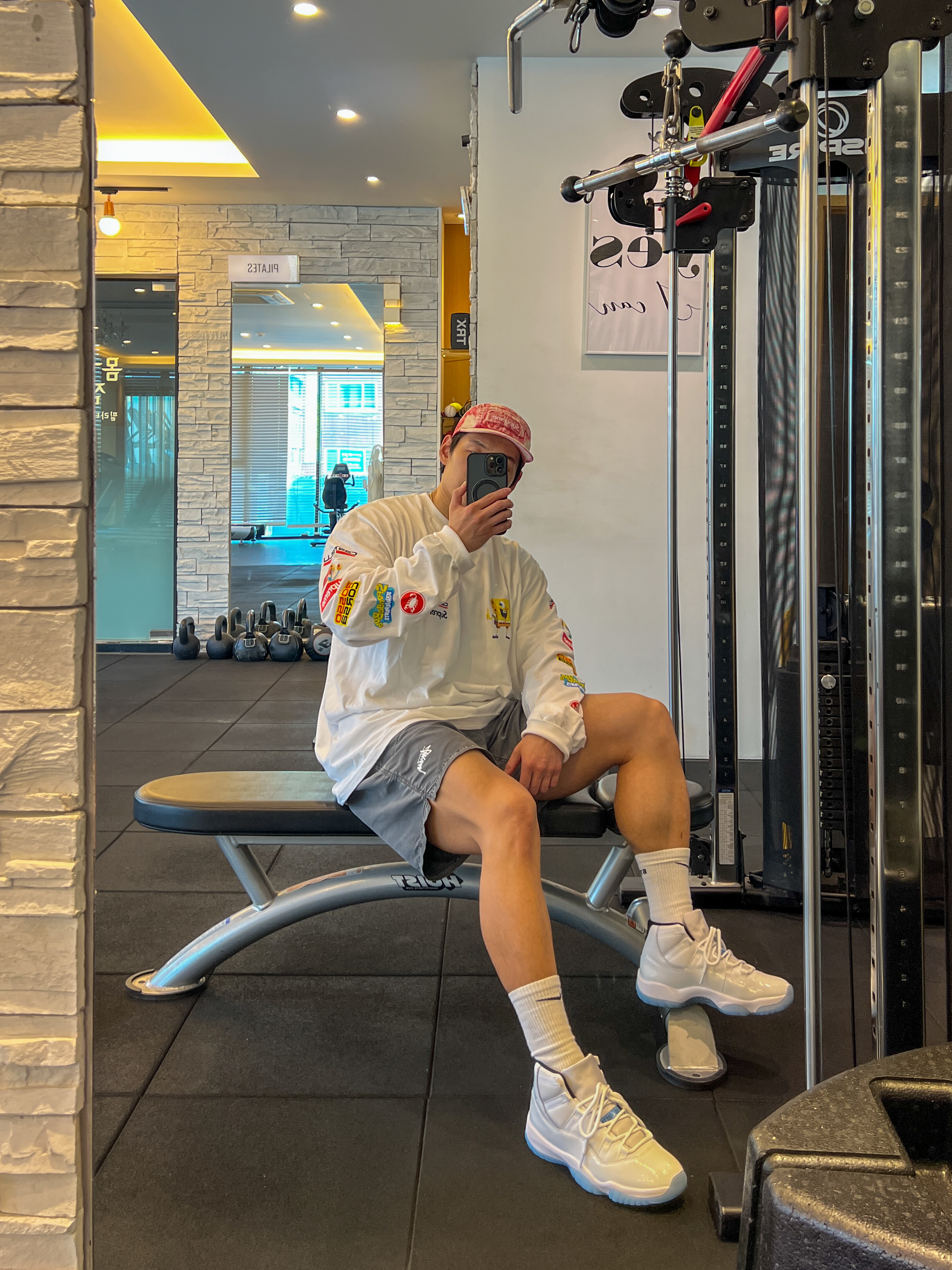 Jordan 11 Retro Legend Blue 2024, Stussy Stock Water Pigment Short Charcoal 착용 스타일