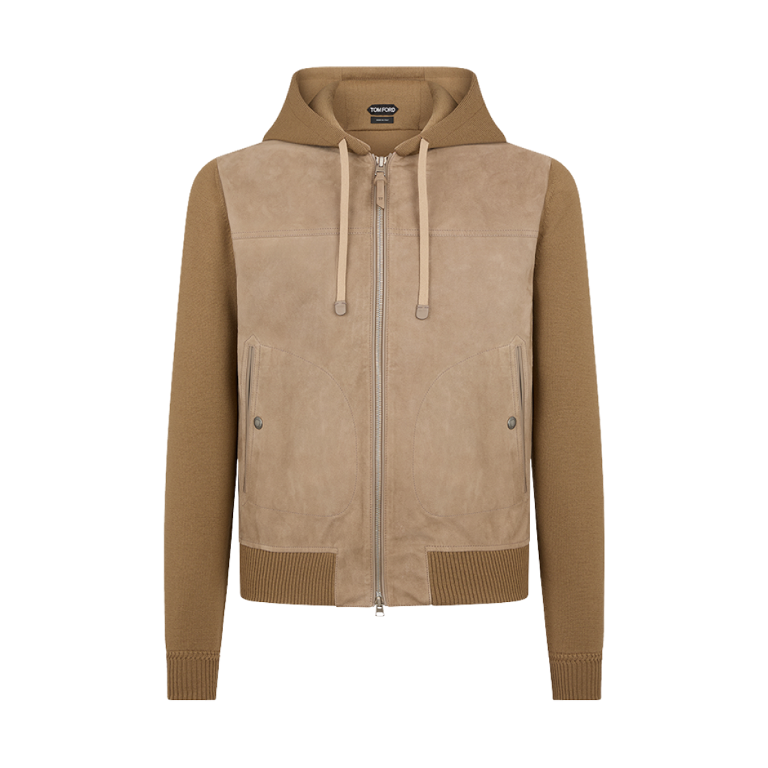 KDF003-YMW084S25-JB260 Tom Ford Suede Front Wool Zip Hoodie Dark Sand