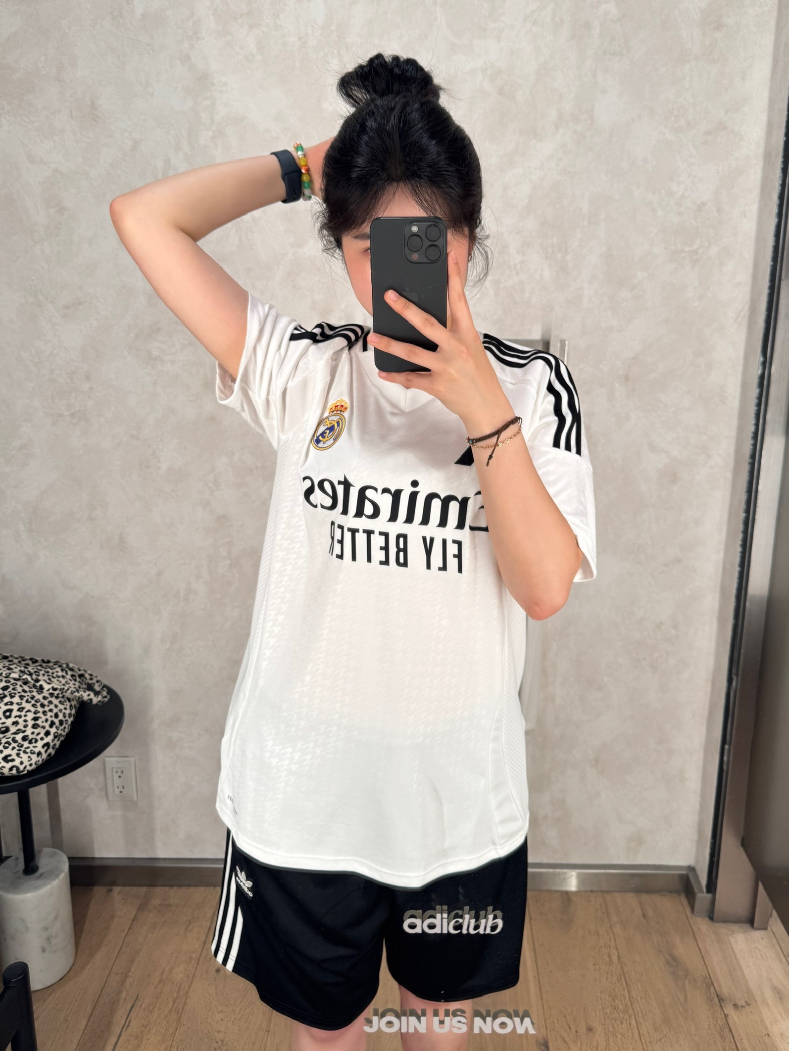 Adidas Real Madrid 2024/25 Home Jersey White - KR Sizing (Non Marking Ver.), (W) Adidas Firebird Shorts Black - KR Sizing 착용 스타일