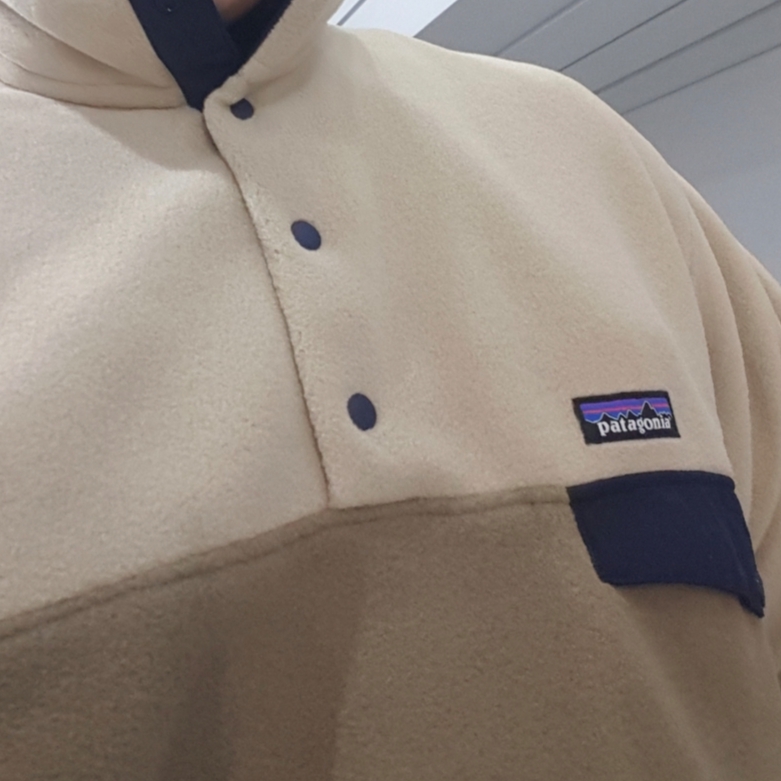 Patagonia Lightweight Synchilla Snap-T Fleece Pullover Oatmeal Heather/Smolder Blue/New Navy 착용 스타일