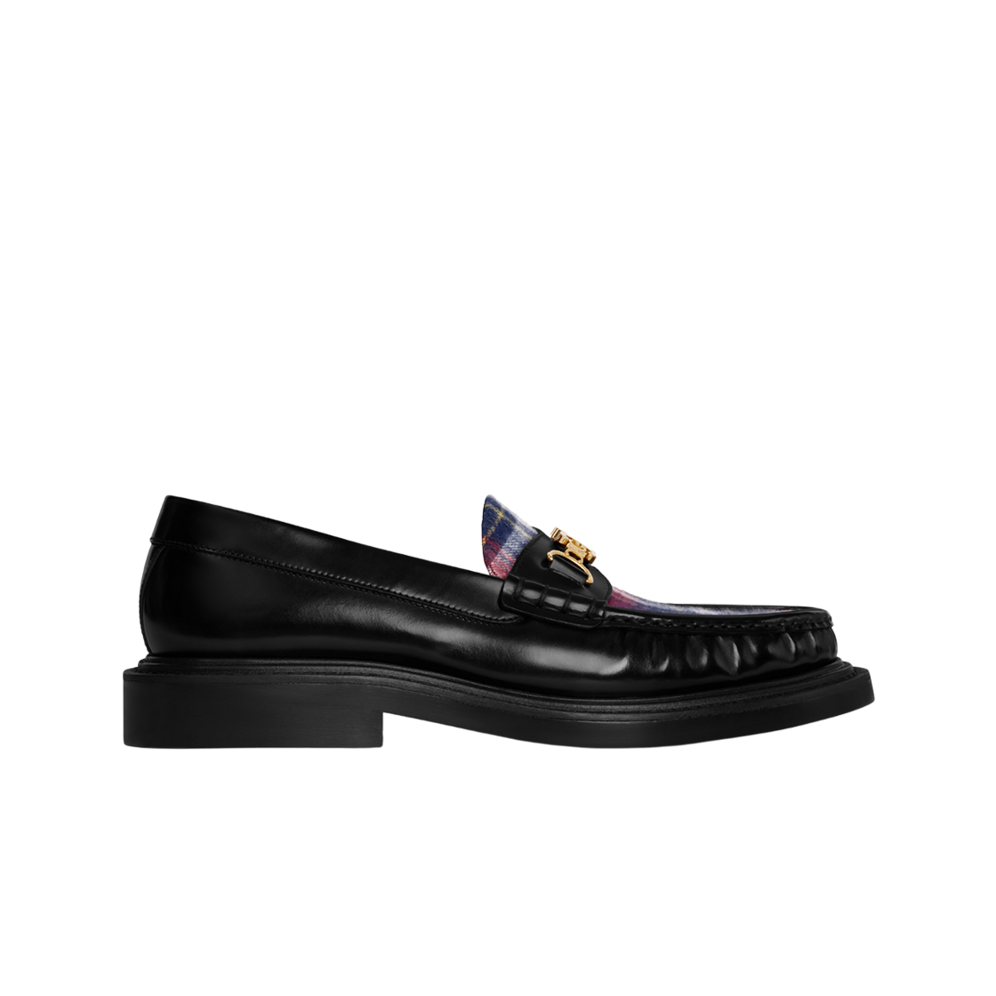 361705006C-38BR (W) Celine Universite Triomphe Chain Loafer in Polished Bull and Tartan Black Red