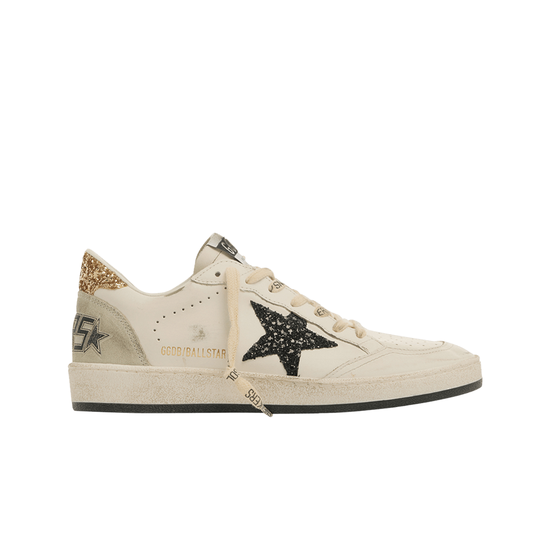 (W) 골든구스 블랙 글리터 골드 힐탭 볼스타 화이트((W) Golden Goose Ball Star with Black Glitter and Gold Heel Tab White)