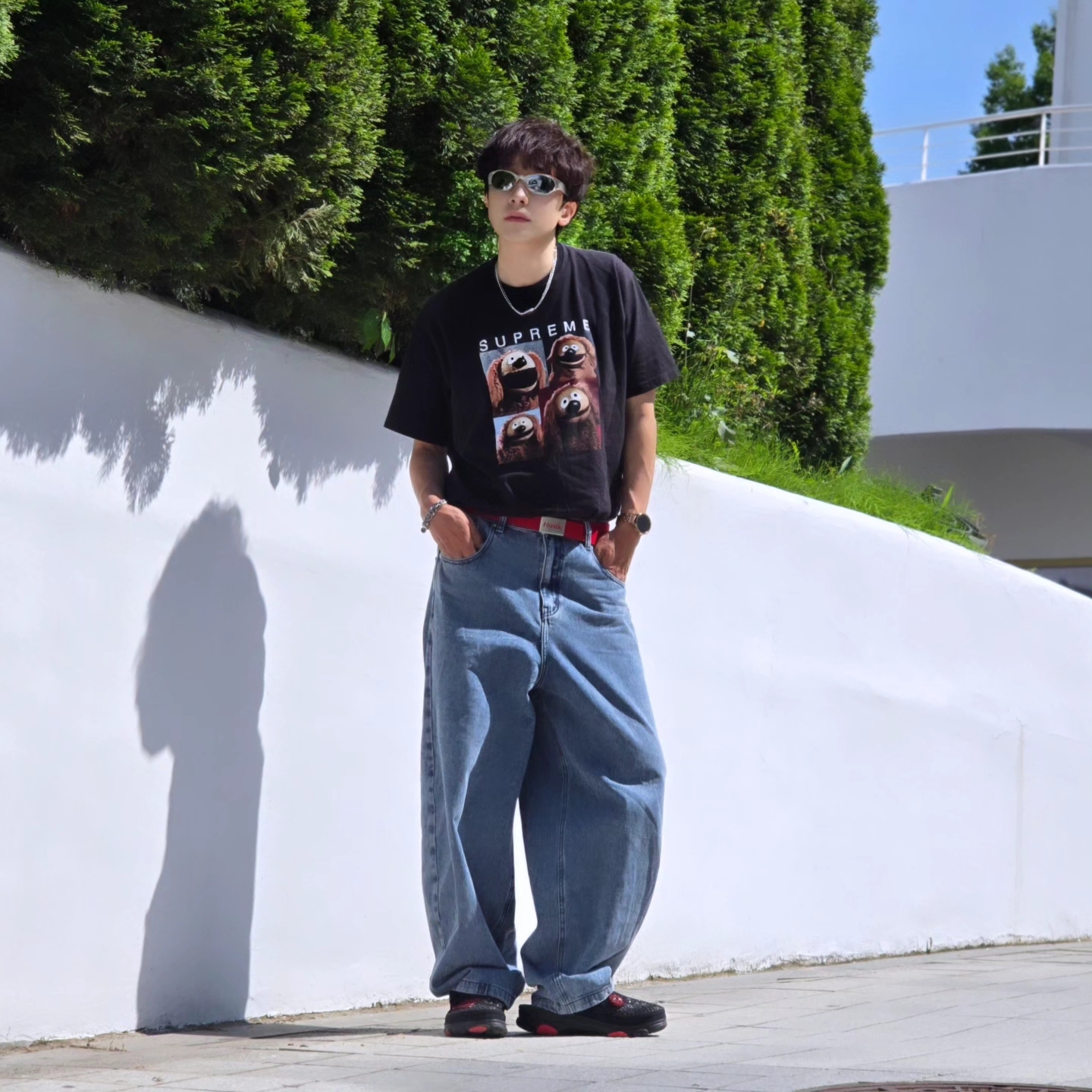 Diesel Dx1446 Red Enamel Stainless Steel Chain Necklace Silver, Supreme Rowlf T-Shirt Black - 24SS 착용 스타일 - 5