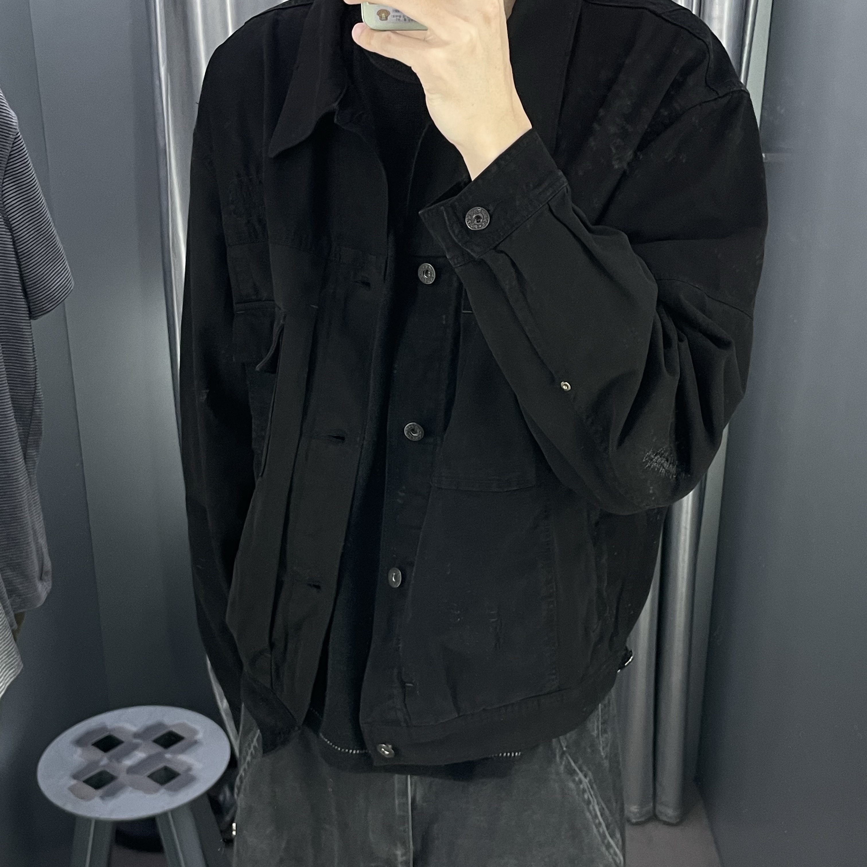 Polyteru Damaged Sashiko Trucker (Docking Trucker) OG Ver. Black 착용 스타일