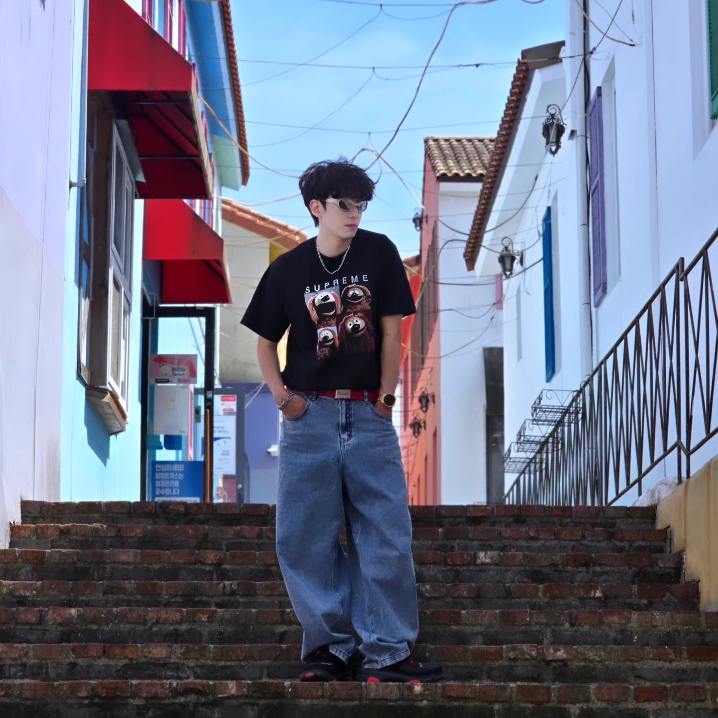 Diesel Dx1446 Red Enamel Stainless Steel Chain Necklace Silver, Supreme Rowlf T-Shirt Black - 24SS 착용 스타일 - 4