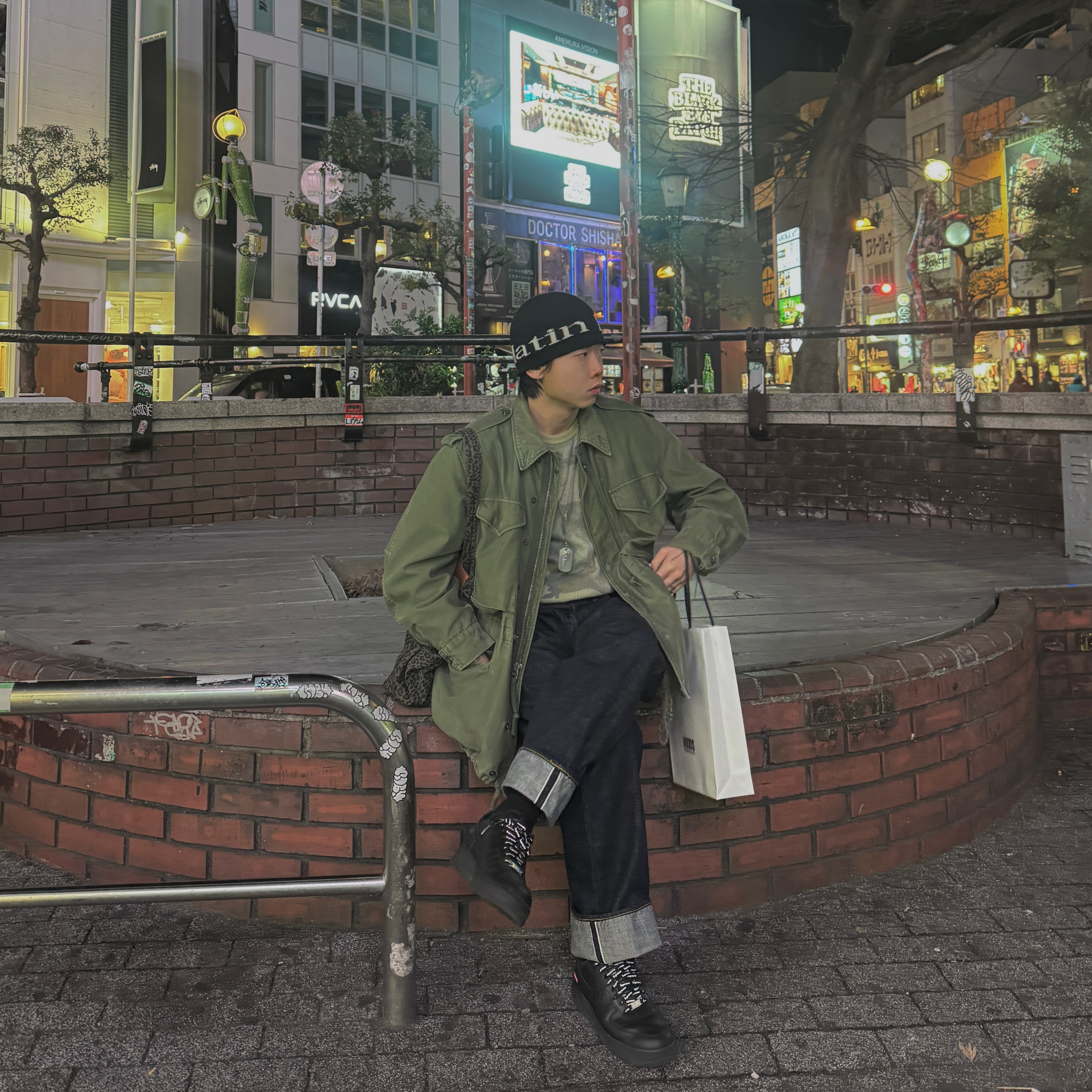 Matin Kim Logo Jacquard Short Beanie Black, Fullcount 0105W Wide Denim One Wash Indigo Blue 착용 스타일 - 1