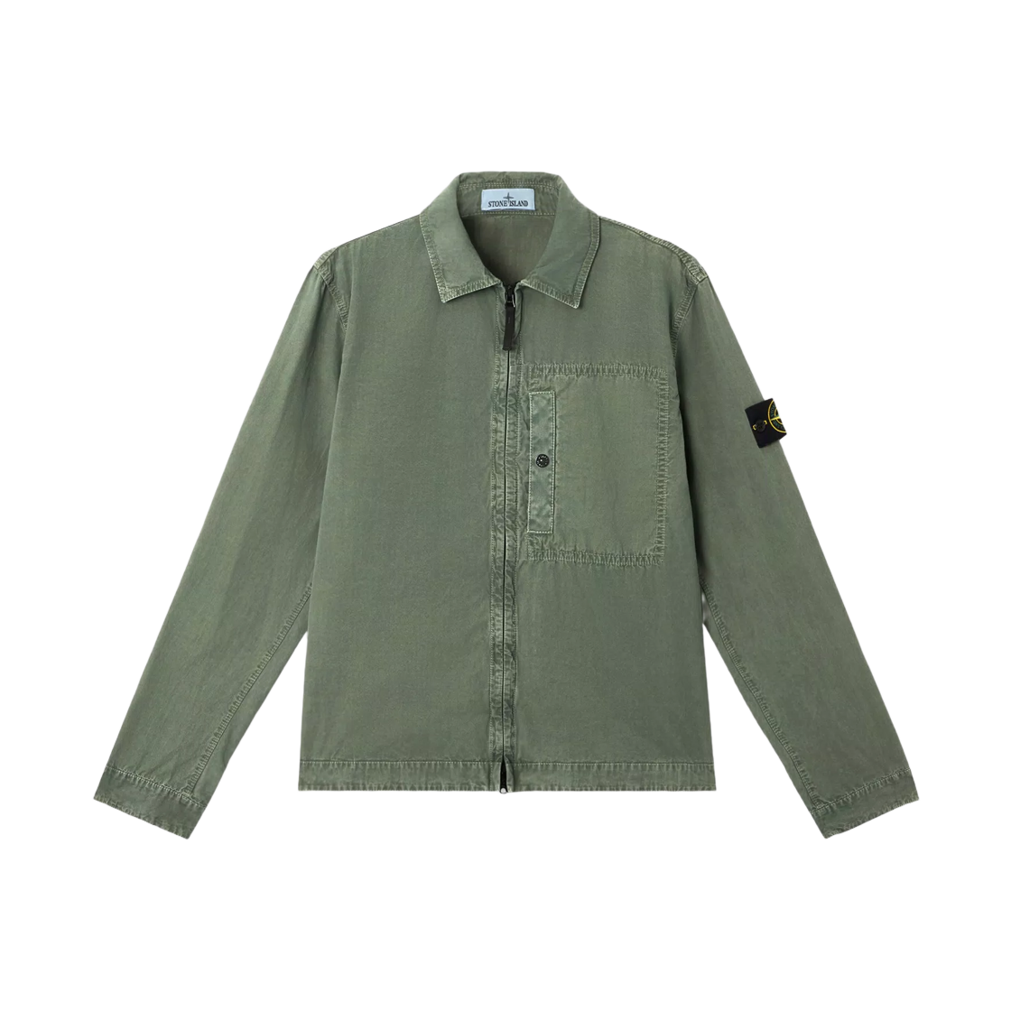 스톤 아일랜드 1200032 브러쉬드 오가닉 코튼 캔버스 올드 이펙트 오버셔츠 체스트 포켓 앤 투웨이 집 머스크 그린 - 25SS(Stone Island 1200032 Brushed Organic Cotton Canvas Old Effect Overshirt with Chest Pocket and Two-Way Zip Musk Green - 25SS) - 1