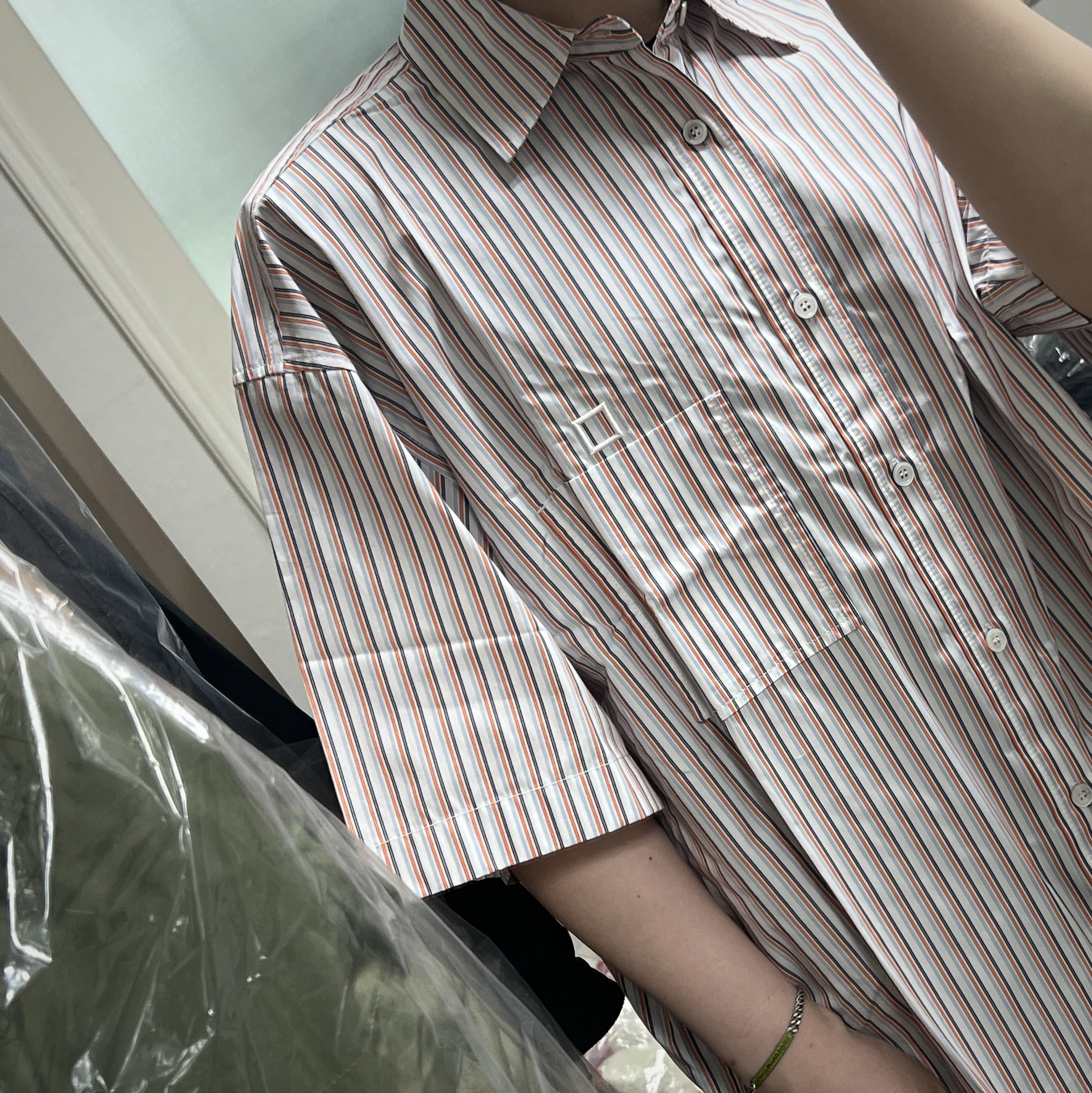 Wooyoungmi Stripe Short Sleeve Shirt Orange - 24FW, Peaceminusone Logo Bracelet #1 Green 착용 스타일