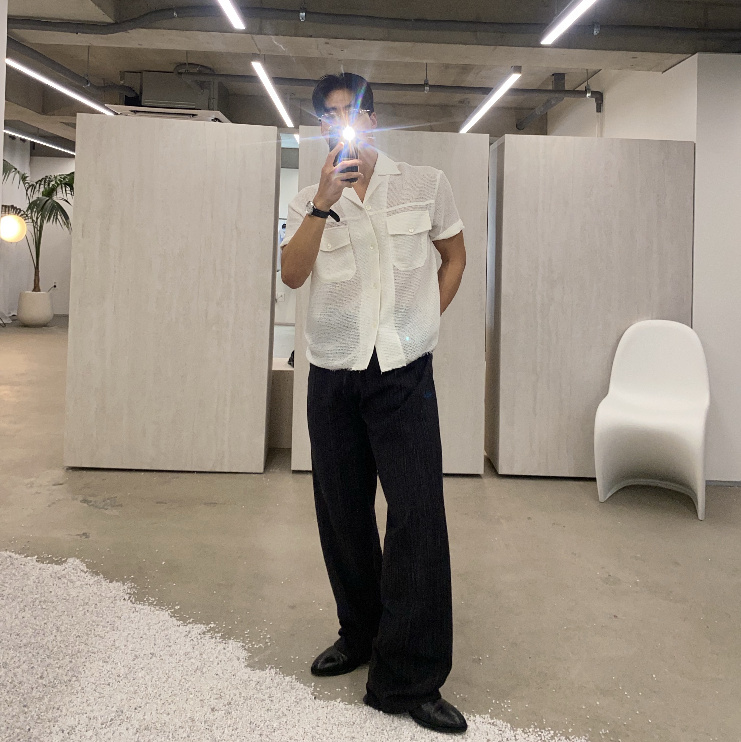 Haleine Open Collar Crochet Shirt Ivory, Casio MTP-1370L-7AVDF 착용 스타일