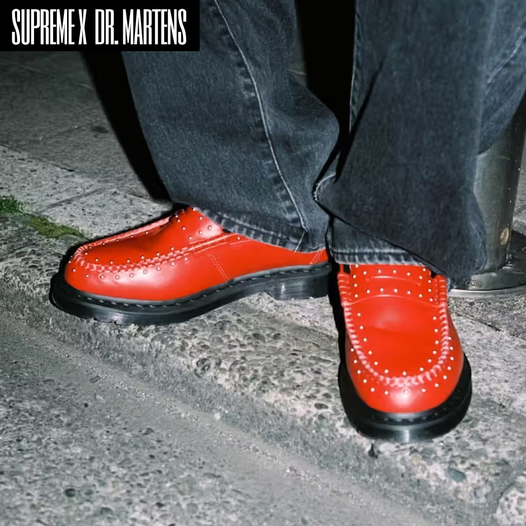 Dr. Martens x Supreme Studded Penton Loafers Red - 25SS, Dr. Martens x Supreme Studded Penton Loafers Black - 25SS 착용 스타일 - 2