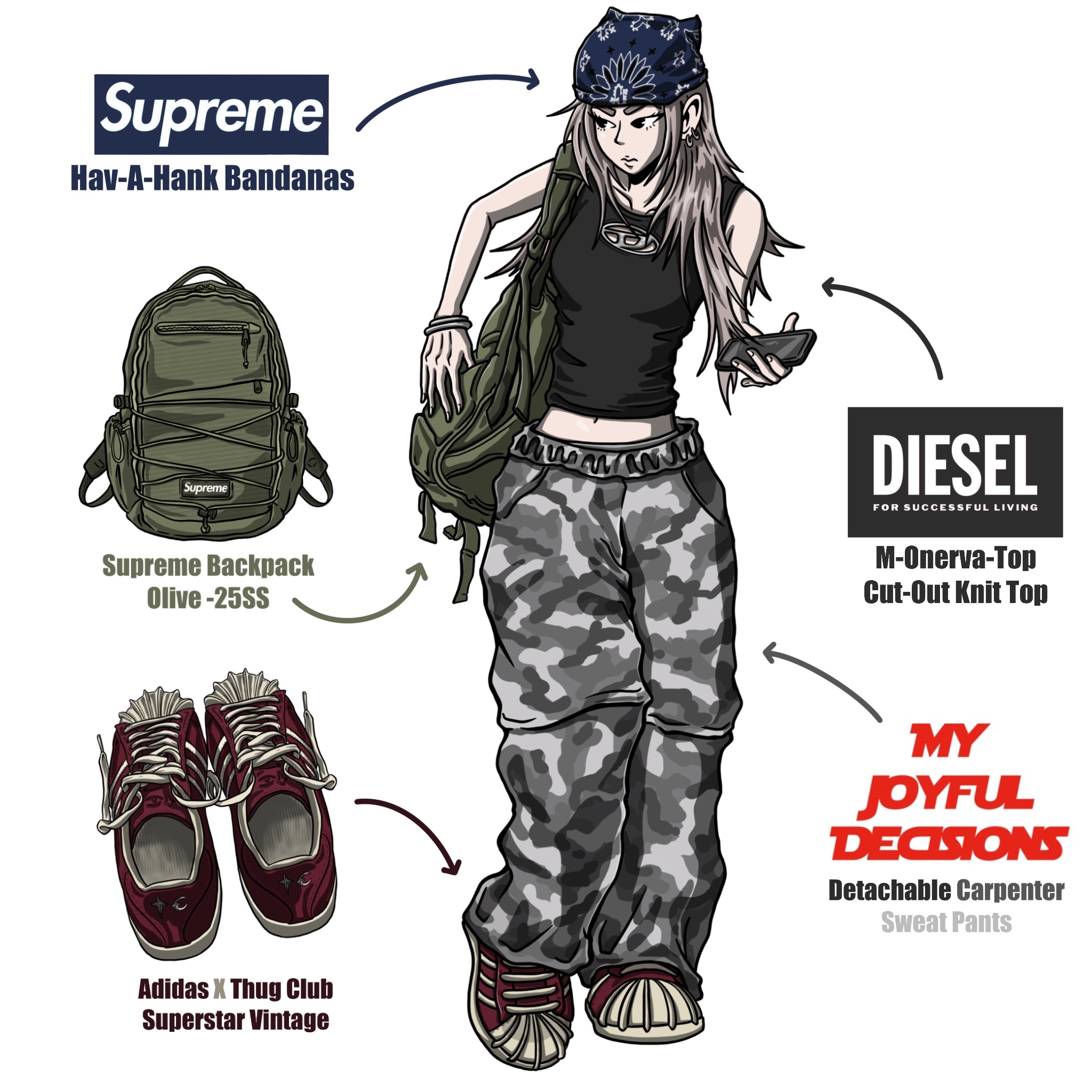 Supreme Hav-A-Hank Bandanas Multicolor (Set of 3) - 24SS, Supreme Backpack Olive - 25SS 착용 스타일