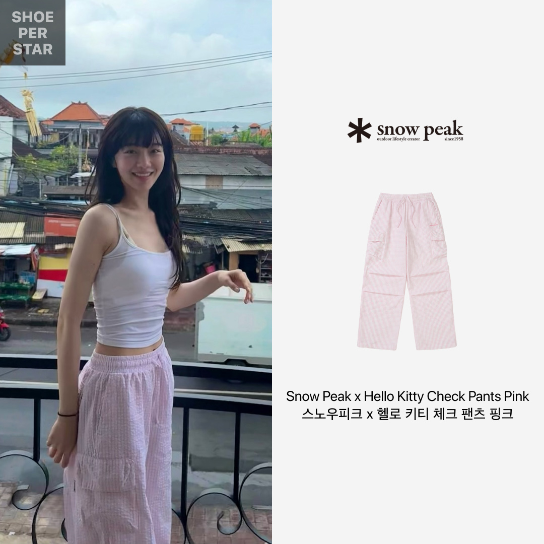 (W) Snow Peak x Hello Kitty Seersucker Check Pants Light Pink 착용 스타일 - 2