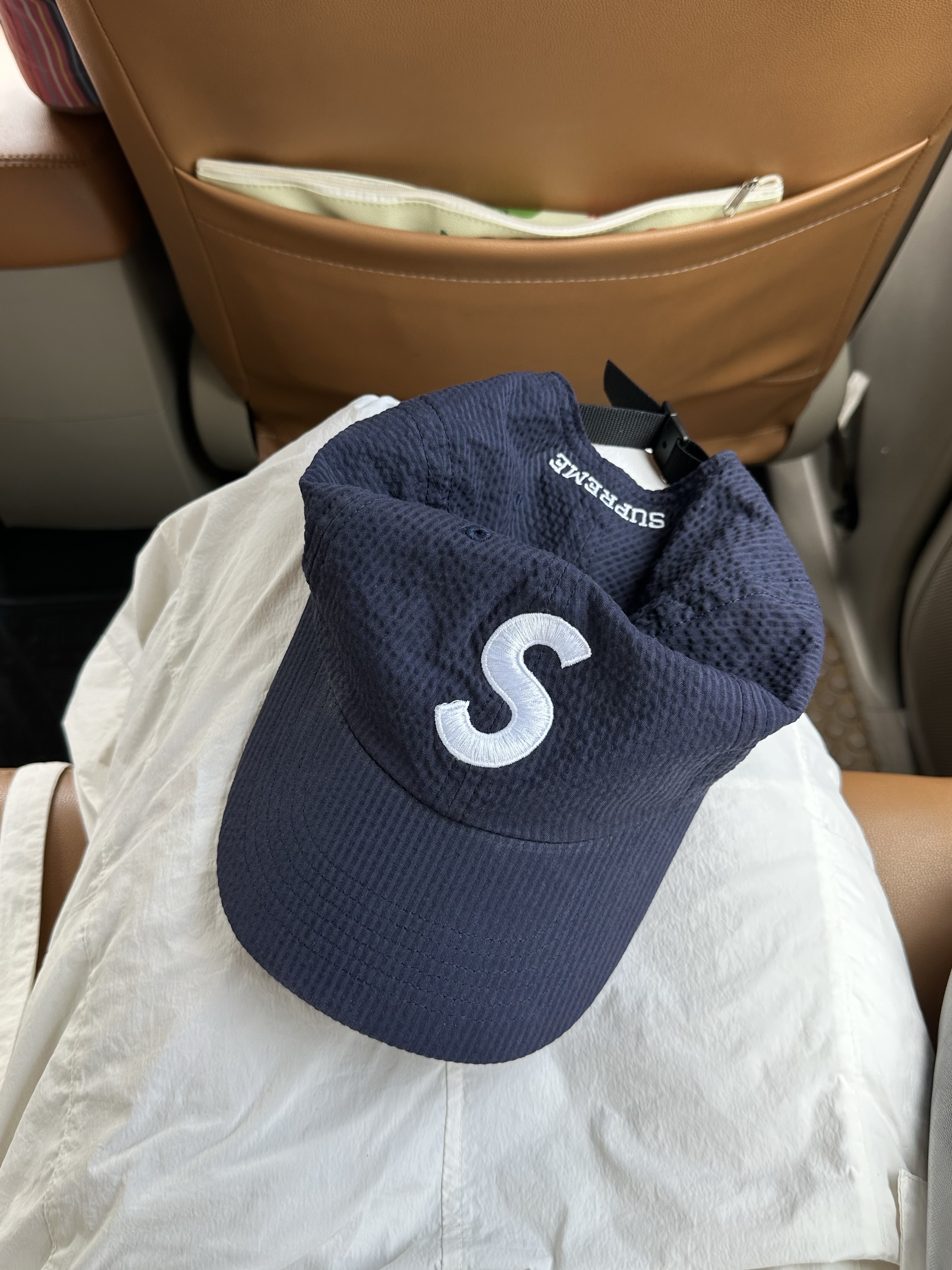 Supreme Seersucker S Logo 6-Panel Navy - 24SS 착용 스타일