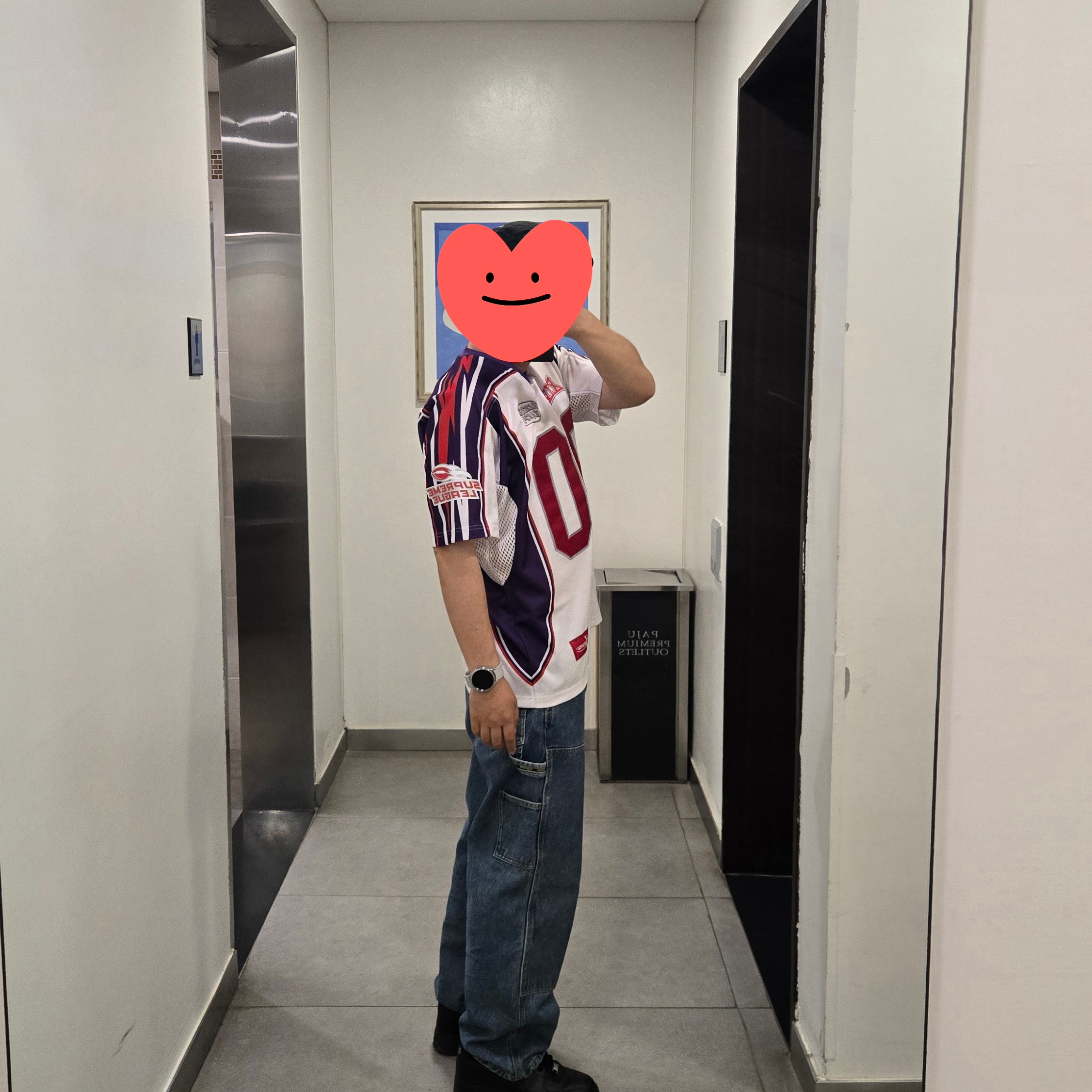 Supreme Sudden Death Football Jersey White - 24SS, Supreme Double Knee Painter Pant Washed Indigo - 24SS 착용 스타일