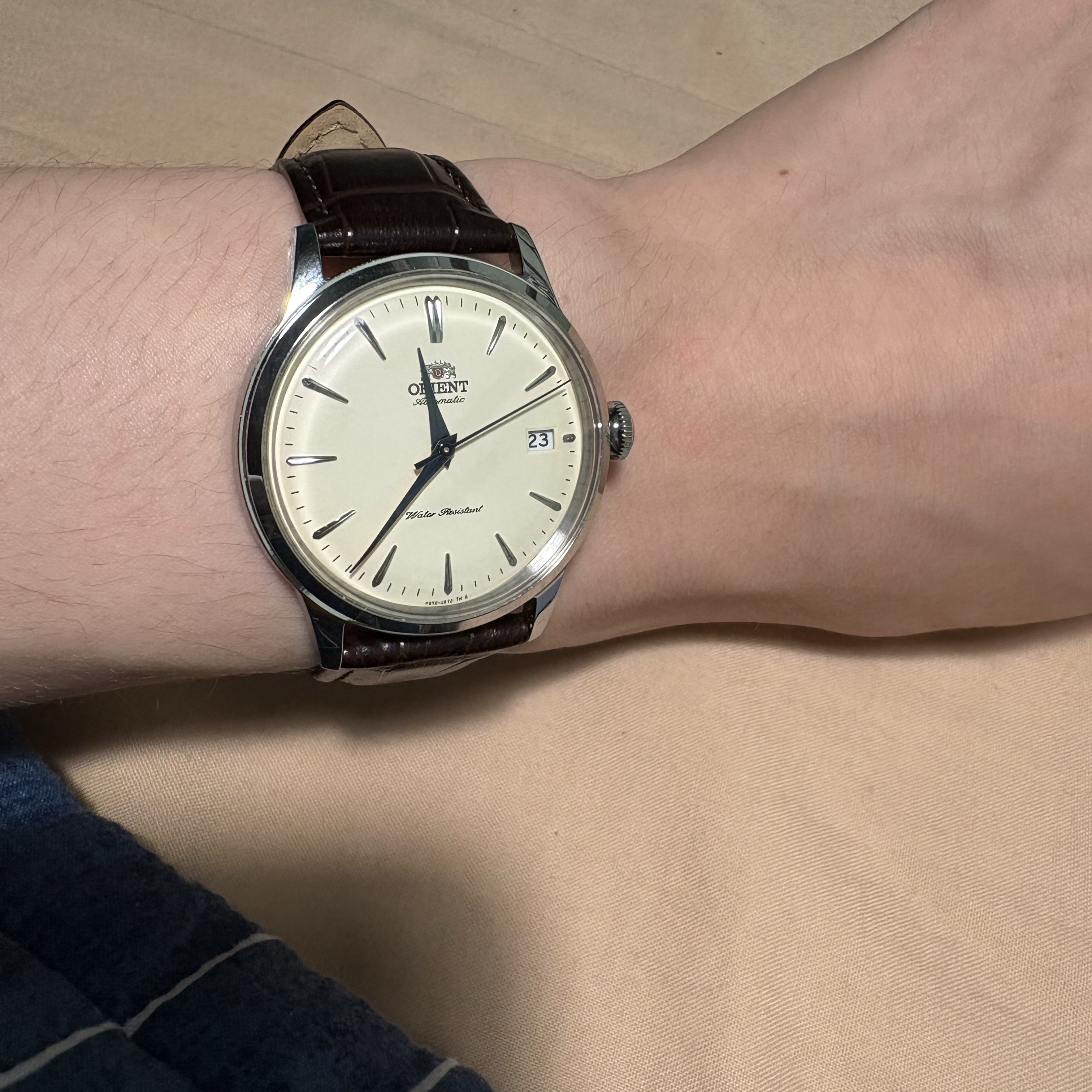 Orient Bambino 38mm Automatic Stainless Steel Leather Brown Beige Dial 착용 스타일