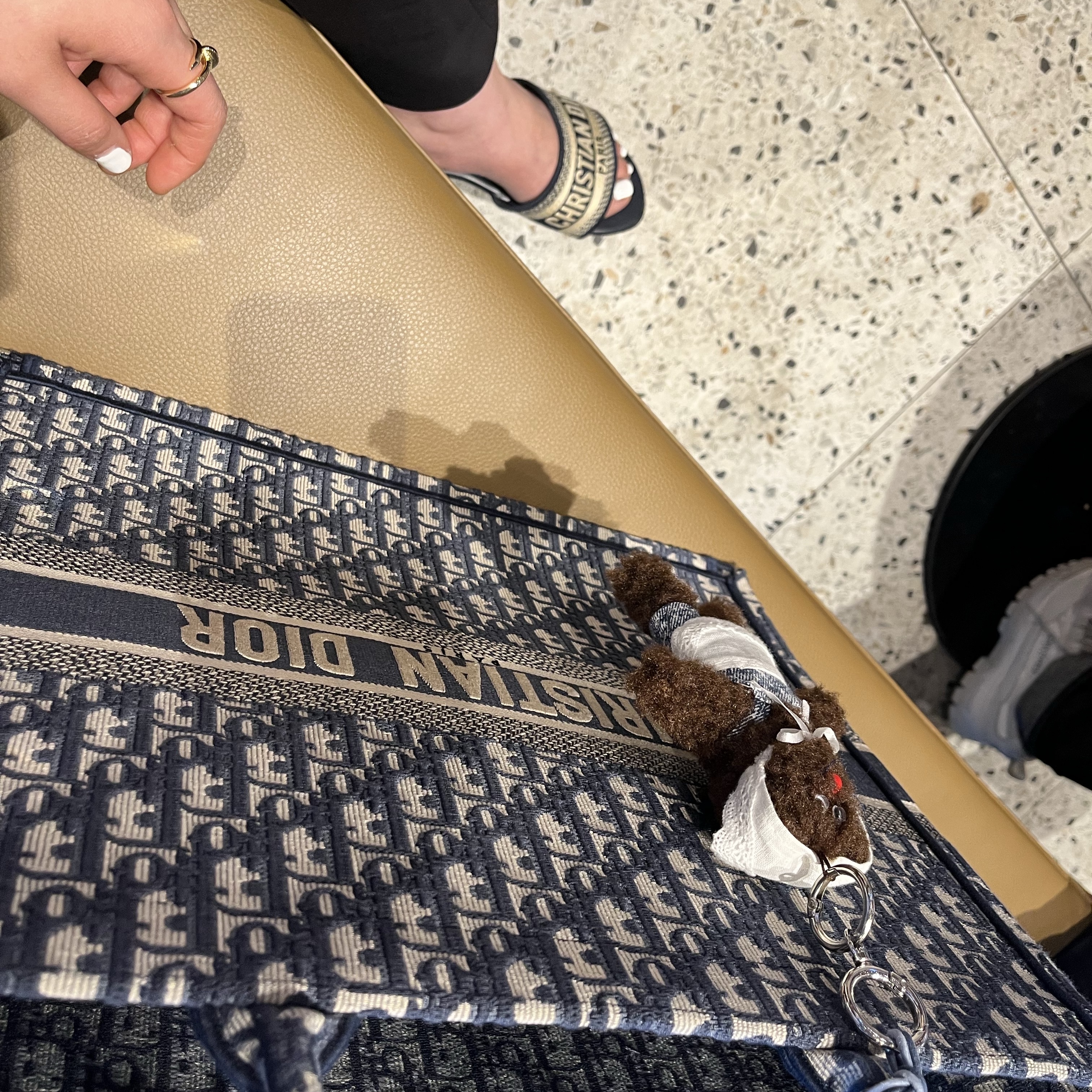 (W) Dior Dway Mule Embroidered Cotton Deep Blue, Dior Large Book Tote Blue Dior Oblique Embroidery 착용 스타일