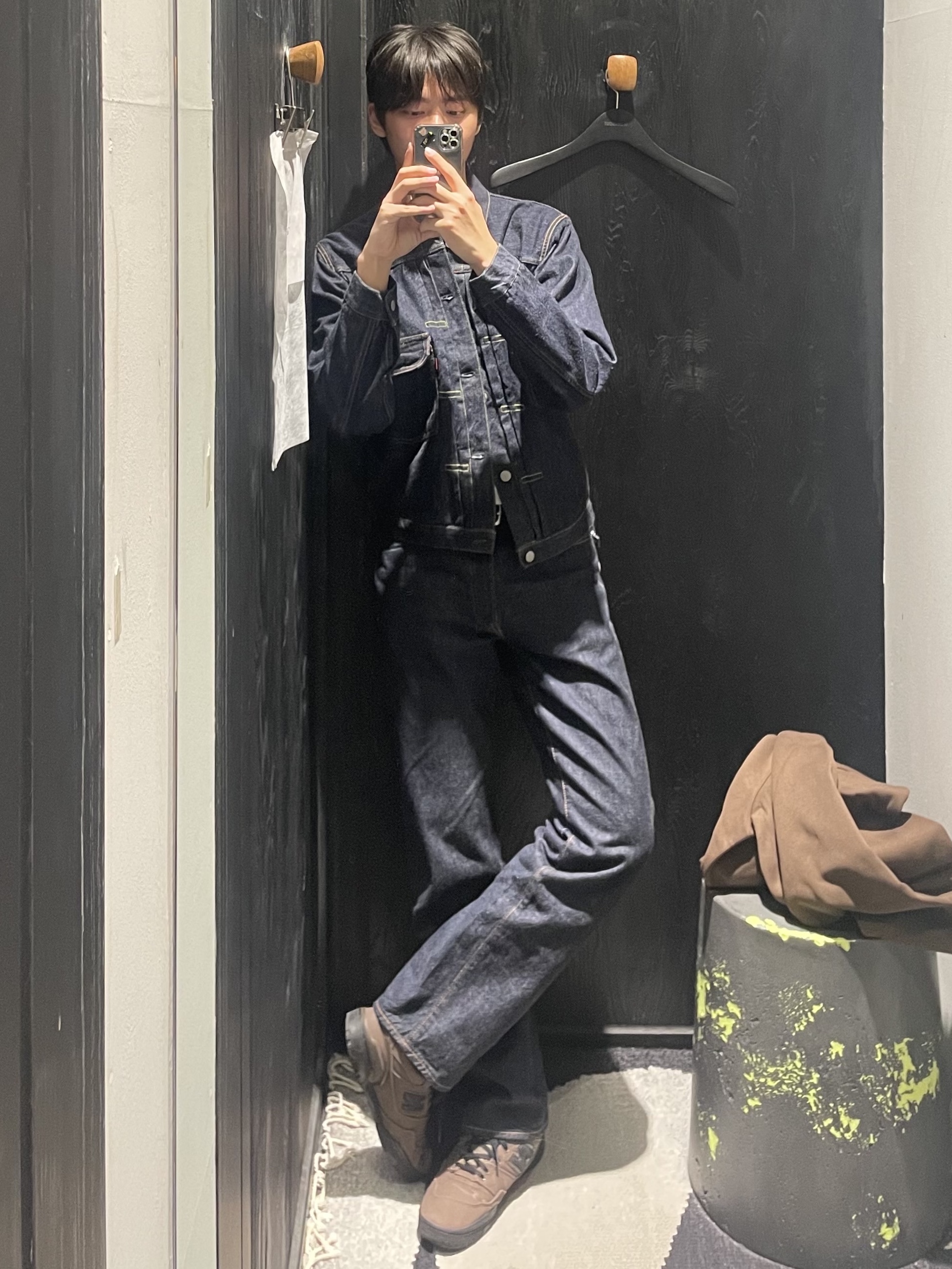 Fullcount 2107W-20 Type 1 Denim Jacket One Wash Indigo Blue - Red Tab, Fullcount 1101W Straight Denim One Wash Indigo Blue 착용 스타일 - 1