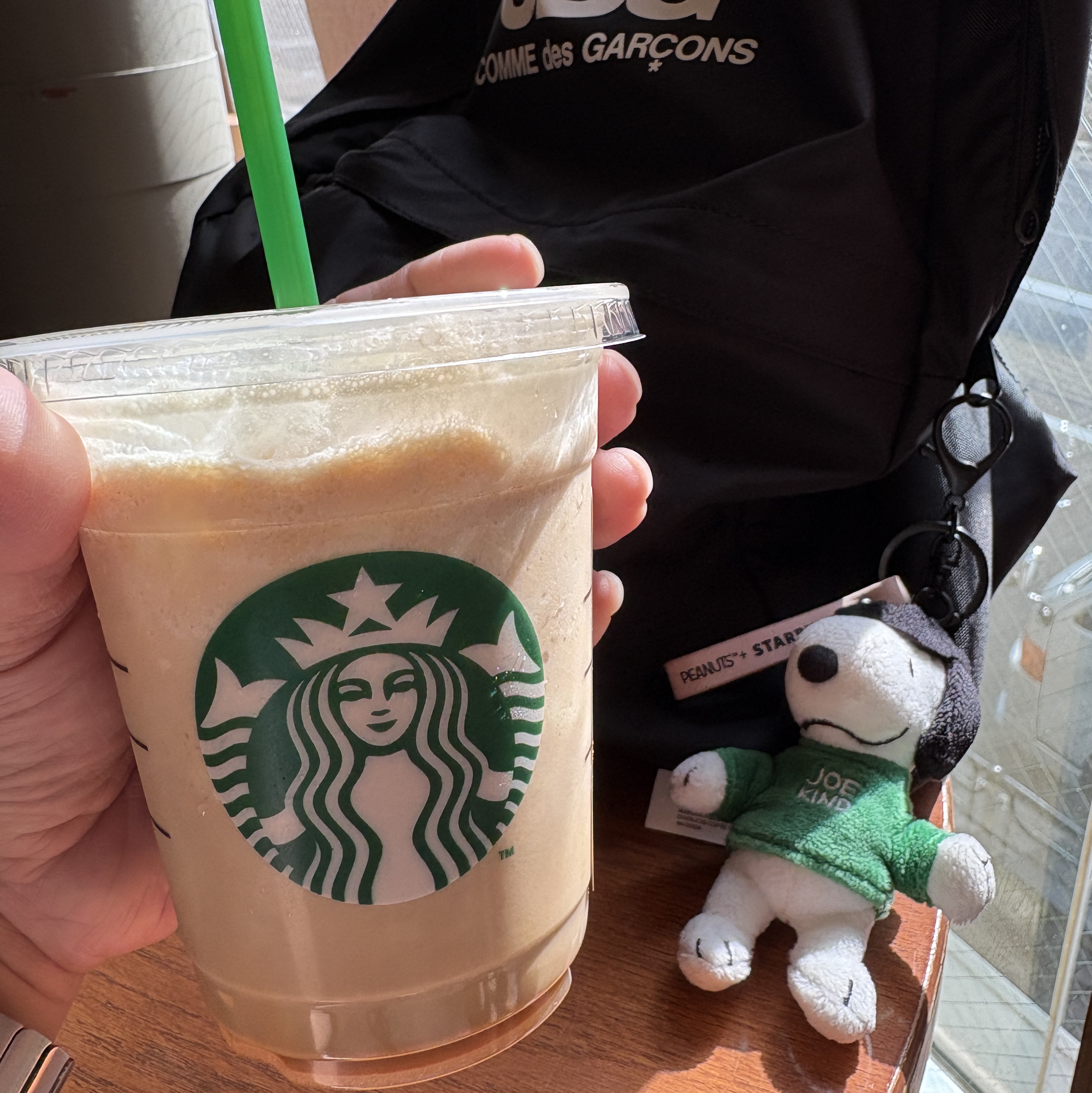 Starbucks x Peanuts Keychain White Green, CDG Backpack Black 착용 스타일 - 1