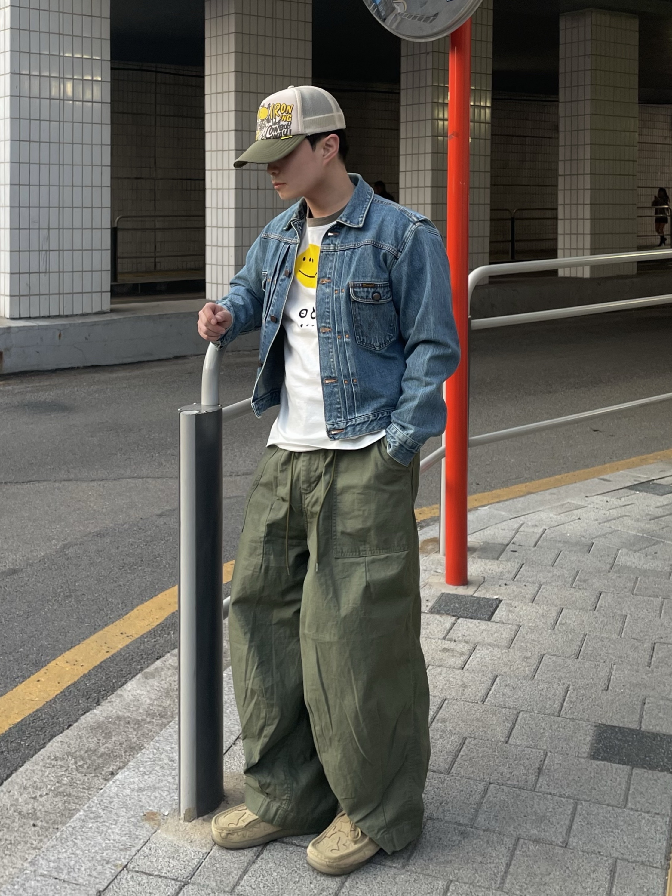 Kapital Kountry Dirty Shrink Truck Cap Kinari Khaki, Needles H.D. Fatigue Pants Olive 착용 스타일 - 5