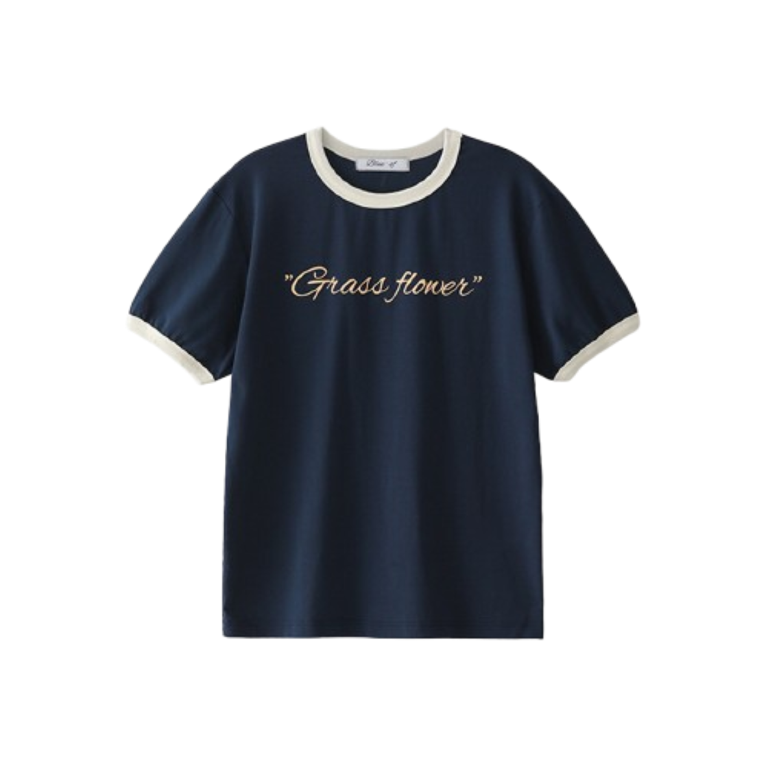 블루 선플라워 풀꽃 레터링 프린티드 링거 티셔츠 네이비(Blue Sunflower Lettering Printed Ringer T-Shirt Navy)