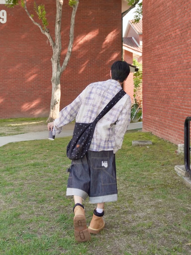 GRAILZ x KOIN SEOUL Carpenter Bermuda Denim Pants Indigo, GRAILZ Bleached Plaid Summer Shirts Blue 착용 스타일 - 4