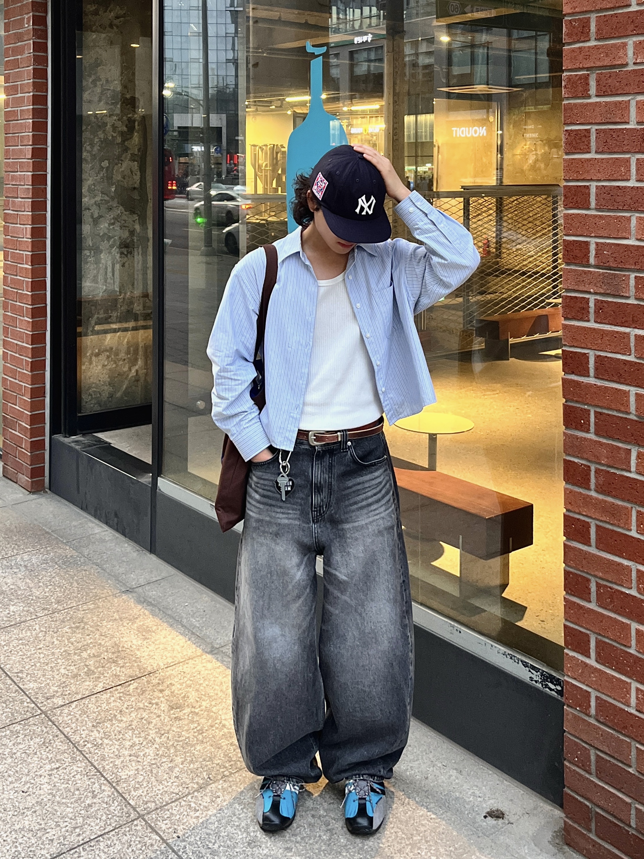 noun Wide Curved Denim Pants Black, Adidas x Song for the Mute Country OG Active Teal Core Black 착용 스타일 - 2