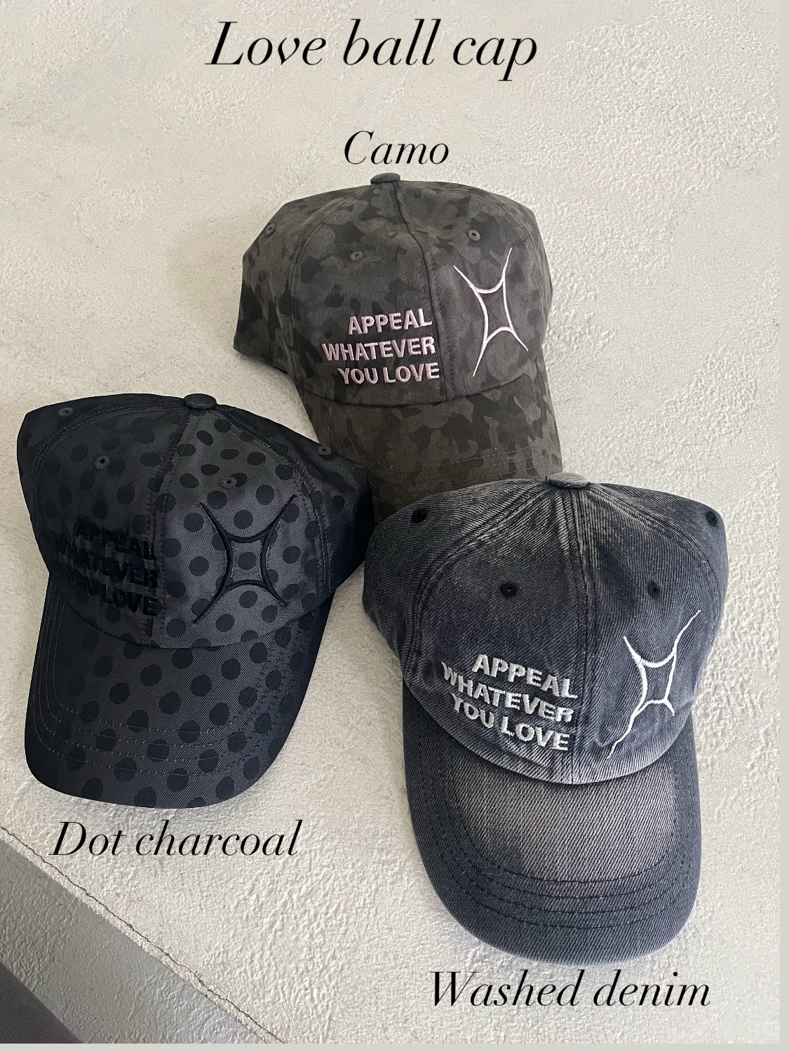For Appeal Love Ball Cap Washed Denim, For Appeal Love Ball Cap Dot Charcoal 착용 스타일