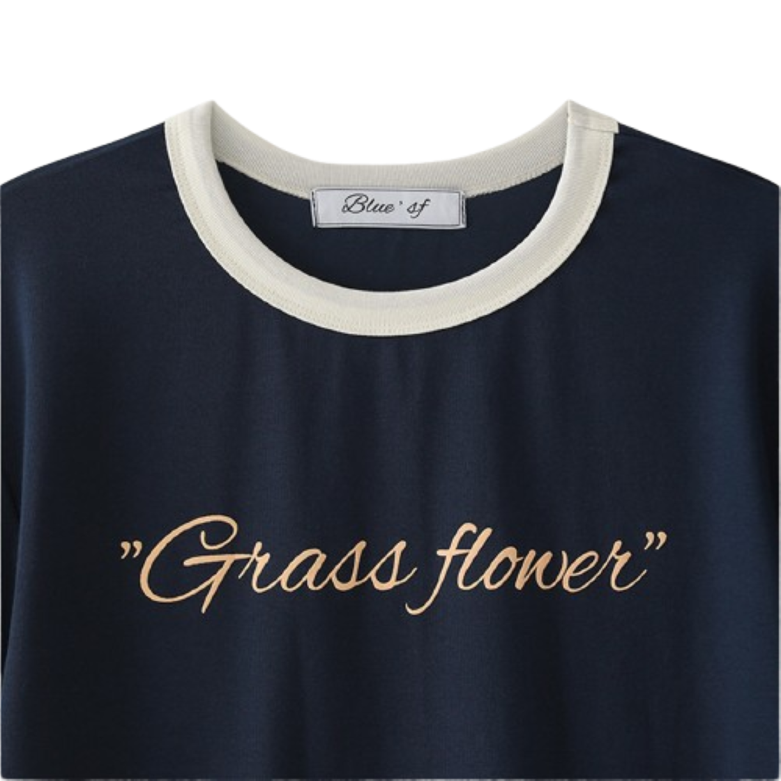 블루 선플라워 풀꽃 레터링 프린티드 링거 티셔츠 네이비(Blue Sunflower Lettering Printed Ringer T-Shirt Navy) - 4