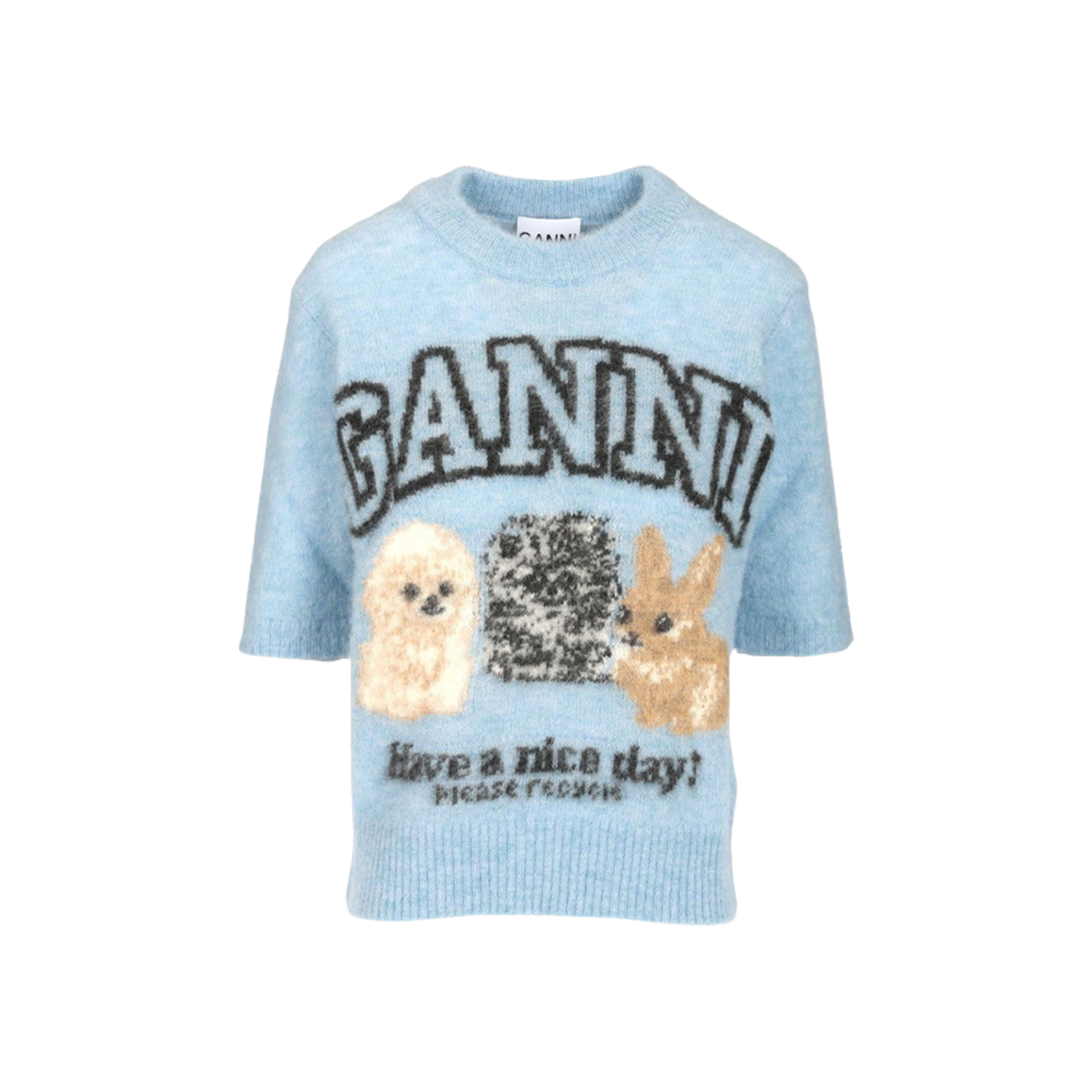 (W) 가니 니트 티셔츠 블루((W) Ganni Knit T-Shirt Blue) - 1