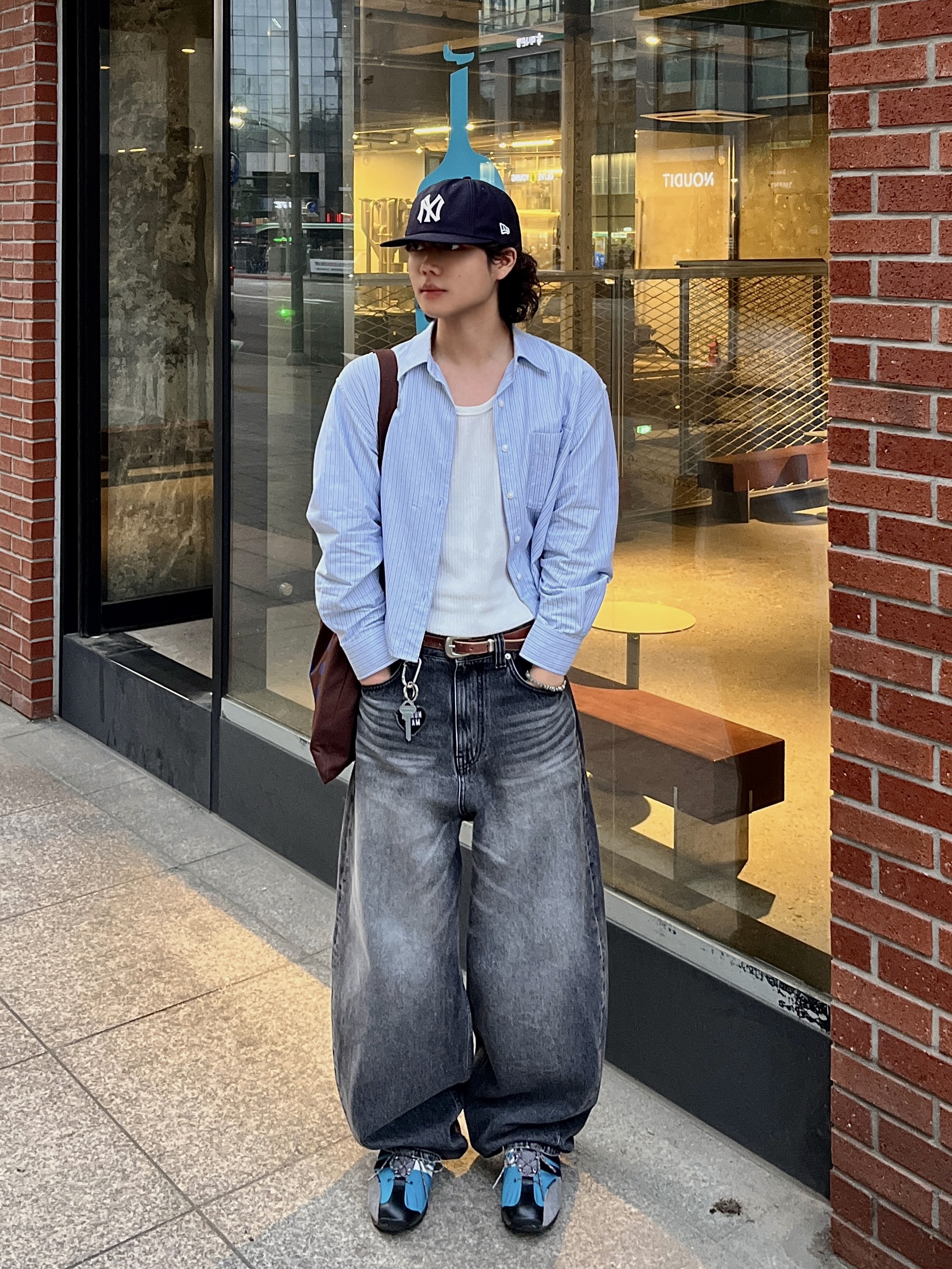 noun Wide Curved Denim Pants Black, Adidas x Song for the Mute Country OG Active Teal Core Black 착용 스타일 - 1