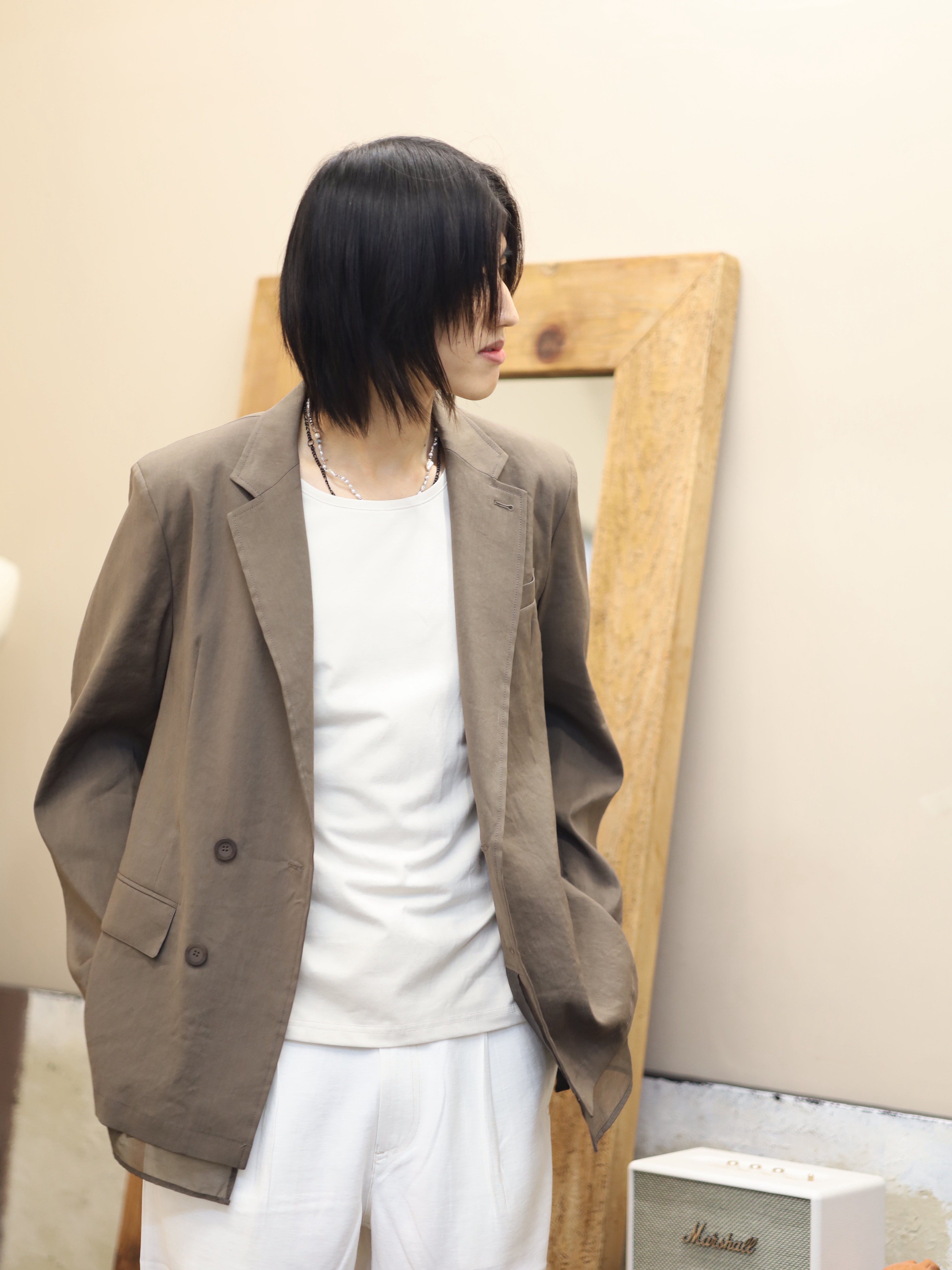 NA A NANA Organza Lining String Blazer Brown, NA A NANA Slim Fit T-Shirt Cream 착용 스타일 - 2