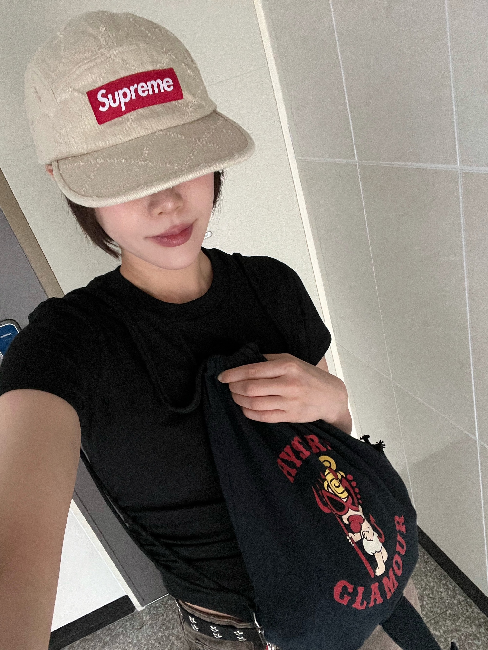Supreme Punched Denim Camp Cap Dyed Beige - 23FW 착용 스타일 - 3