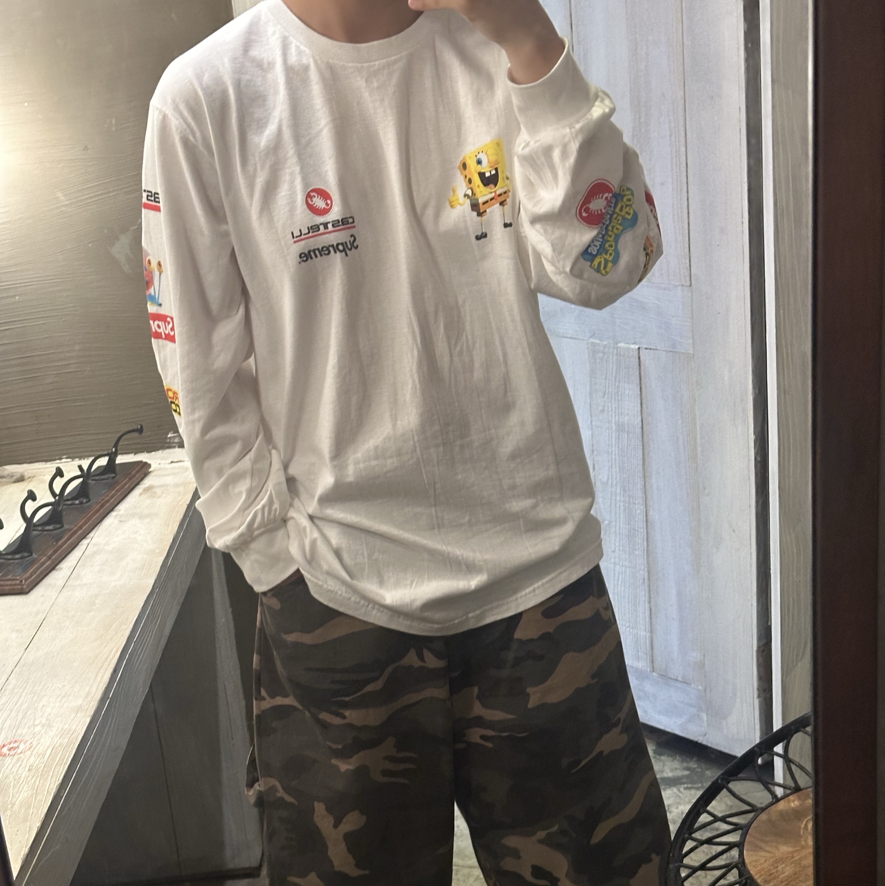 Supreme x SpongeBob SquarePants Castelli Racing L/S T-Shirt White - 25SS, Nike x Supreme Air Force 1 Low White 착용 스타일