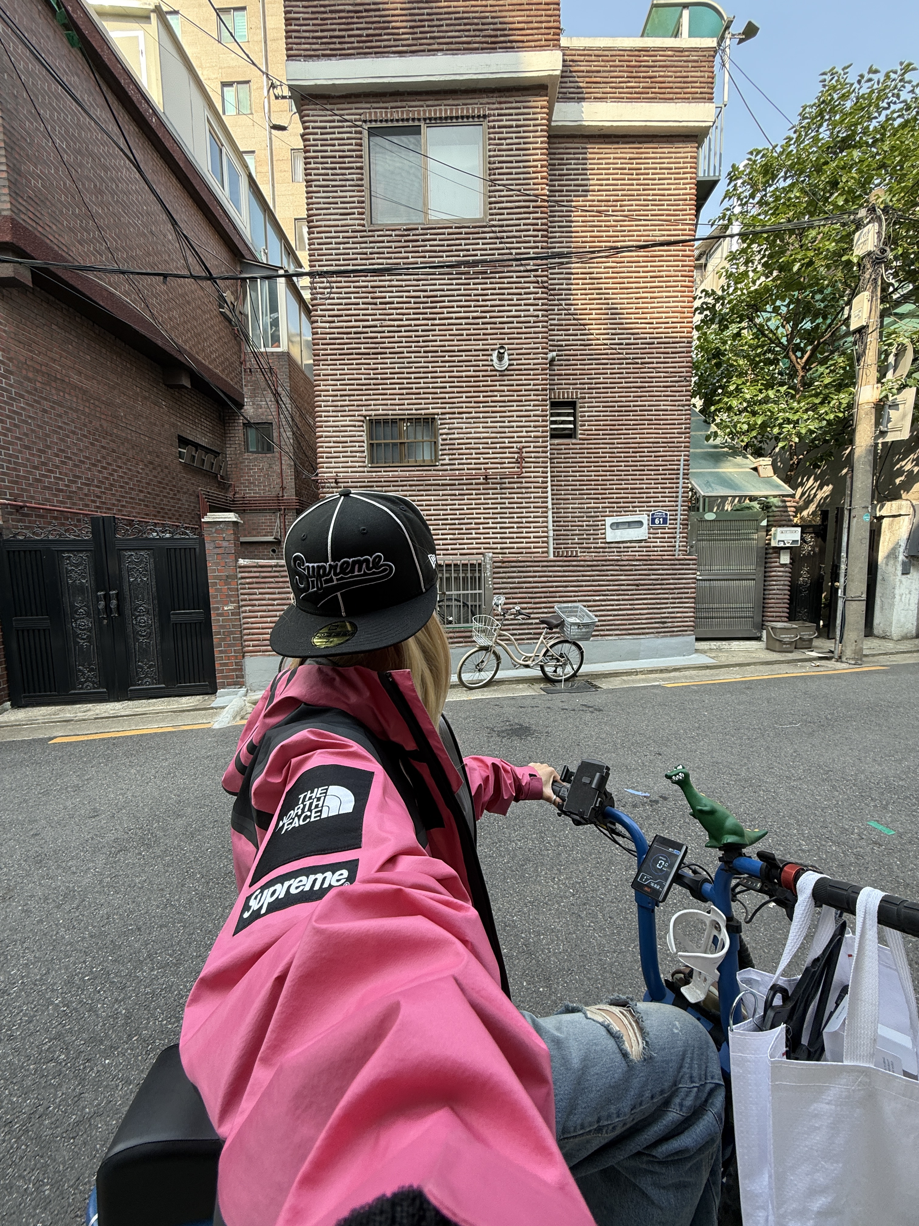Supreme x The North Face Summit Series Outer Tape Seam Jacket Pink - 21SS, Supreme Piping Script Logo New Era Black - 25SS 착용 스타일
