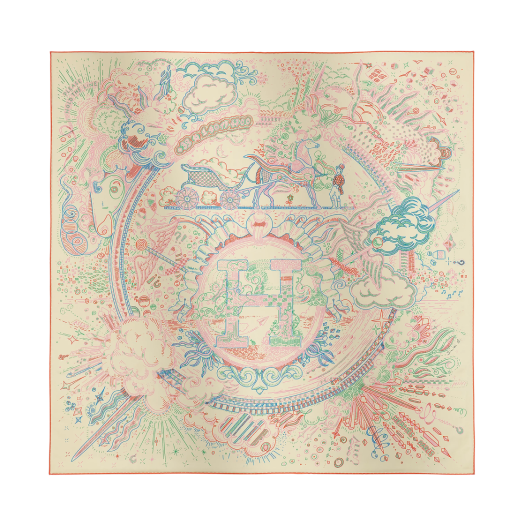 (W) Hermes Please Hold The Line Scarf 90 Vanille Bleu Orange